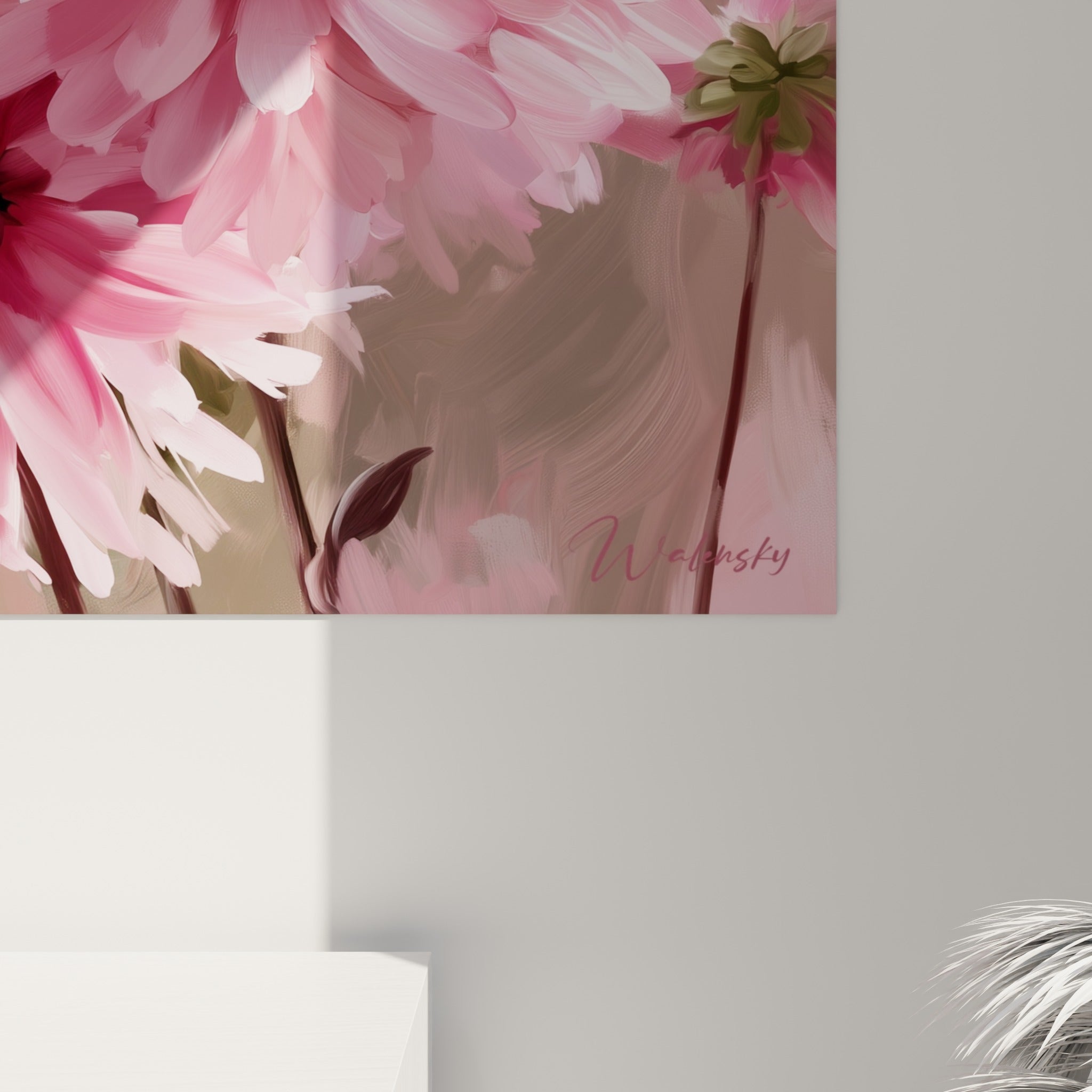 Pétales de dahlia roses et blancs vus de près, empâtements visibles et transitions vers le bordeaux profond