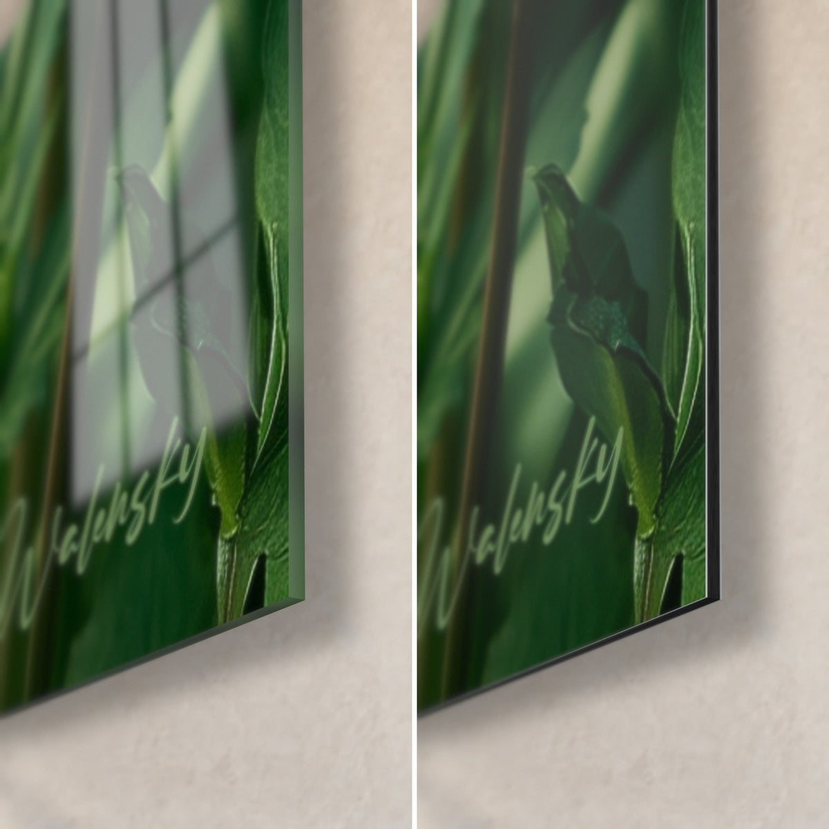 Wall art with magenta and deep green dahlias, bottom right corner: glossy acrylic glass with reflections, matte black Dibond, 3 mm edge