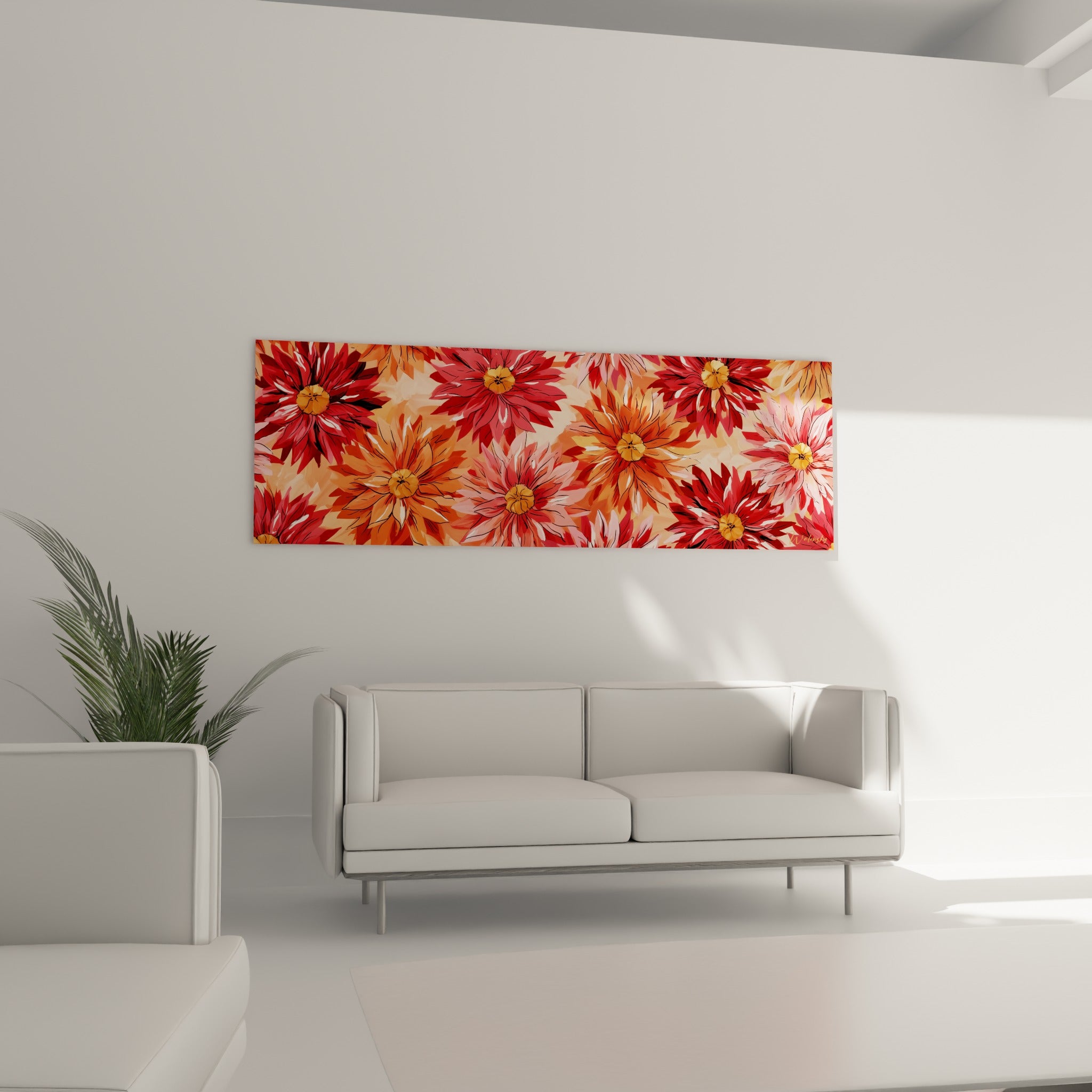 Fleurs de dahlia orange et rose poudré déployées au-dessus d'un canapé dans un salon lumineux