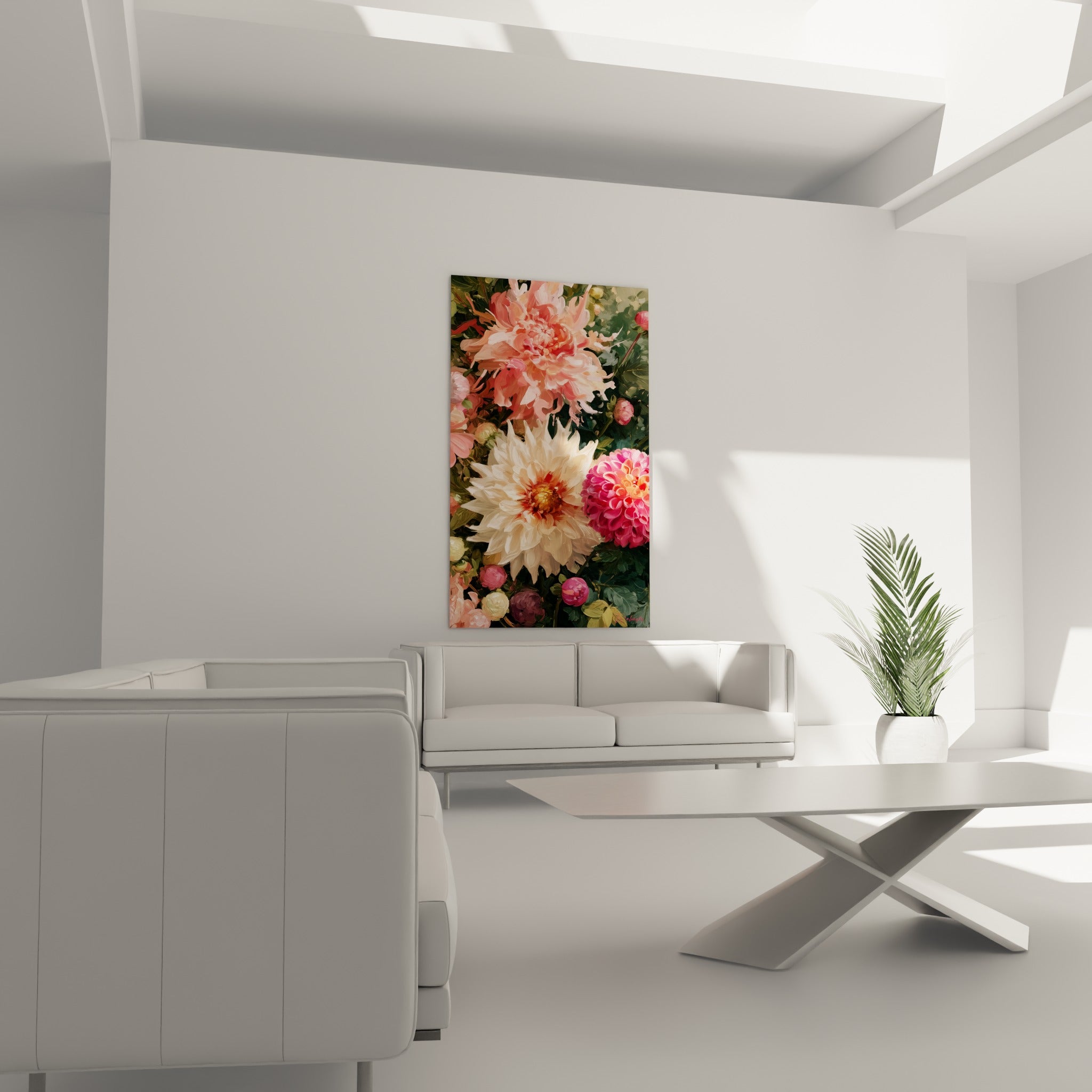 Fleurs de dahlia fuchsia et blanches aux pétales texturés au-dessus d'un canapé dans un salon lumineux