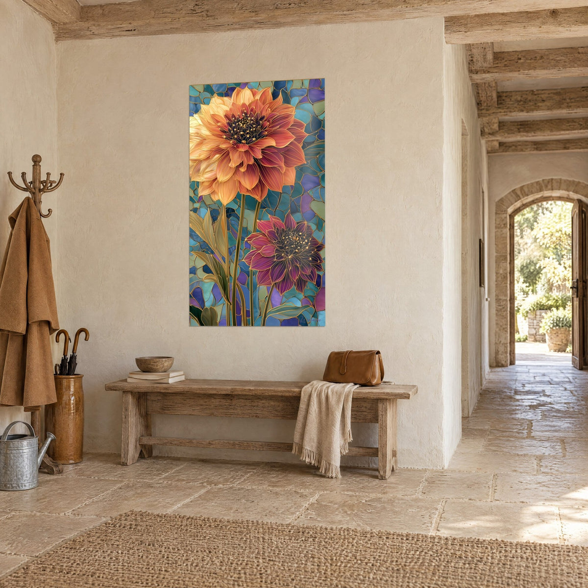 Tableau fleurs ambrées et pourpres sur mosaïque bleu canard, cœurs sombres piquetés d'or, couloir en pierre voûté