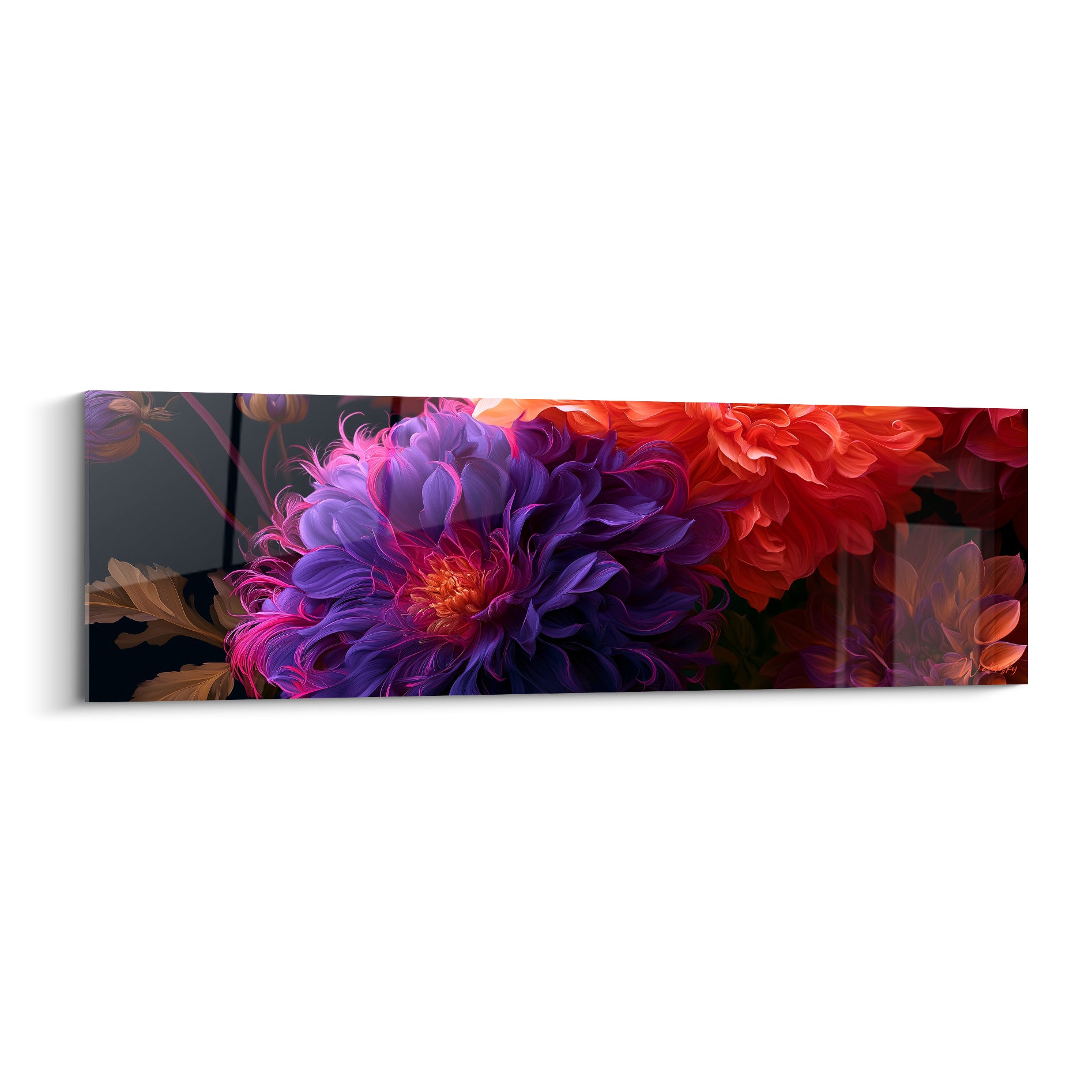 Dahlia aux pétales pourpres et rouge écarlate, cœur orangé lumineux, fond sombre intense