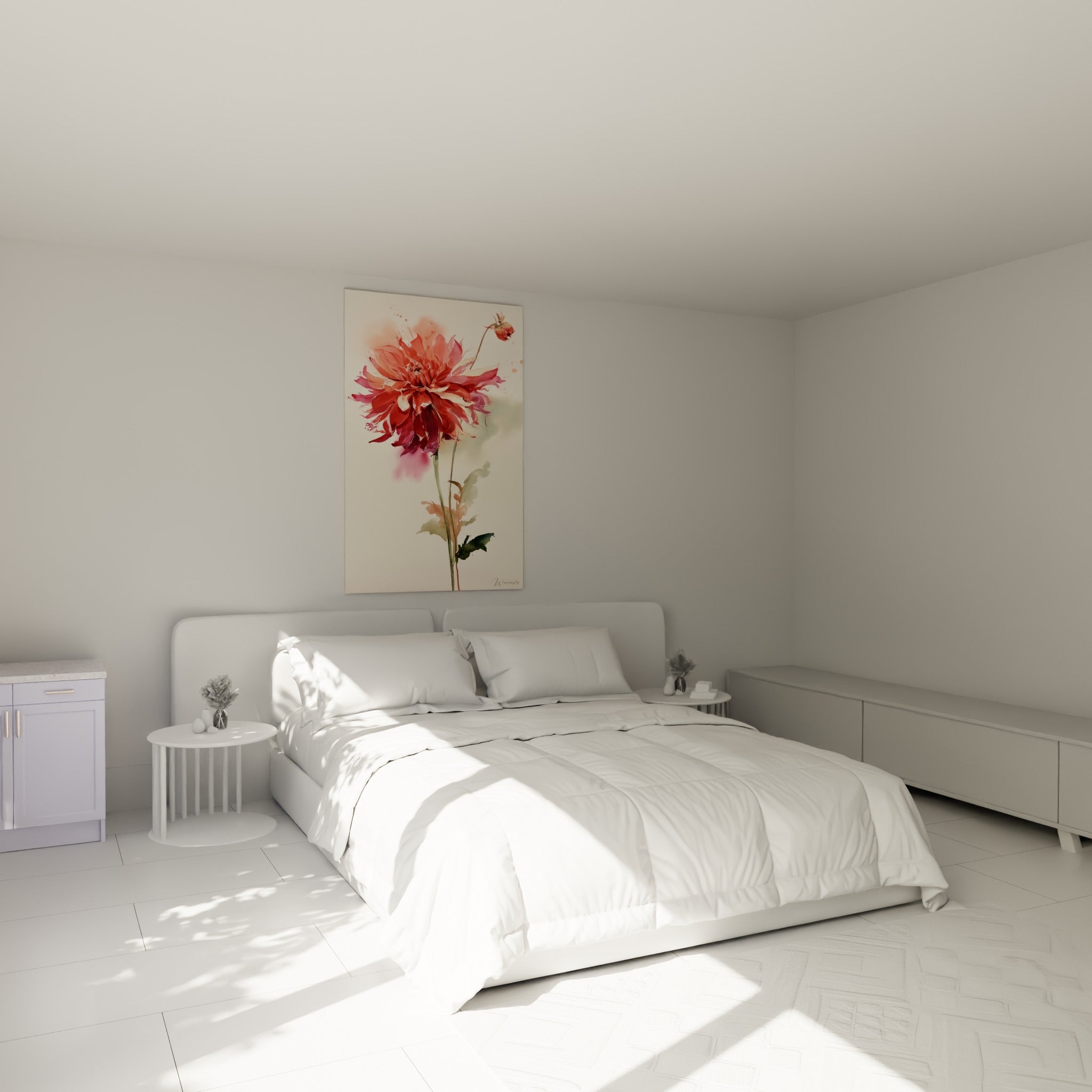 Fleur de dahlia rose et pourpre en aquarelle, accrochée au-dessus d'un lit dans une chambre claire