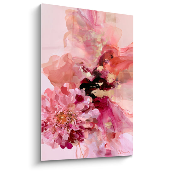 Cuadro Dahlia rosa y coral con velos fluidos - Salpicaduras doradas - Edición Dahlia