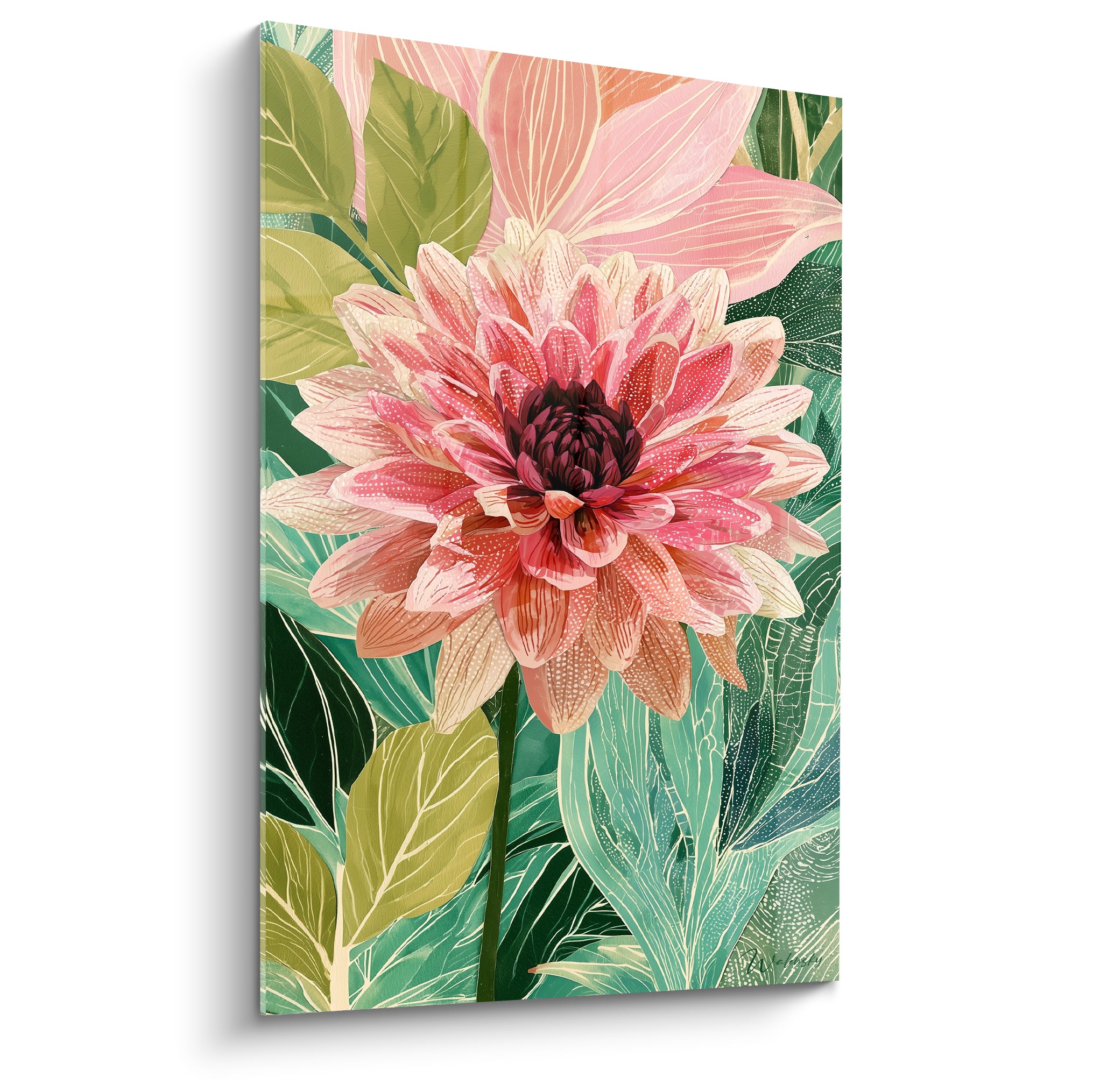 Dahlia rose et bordeaux entouré de feuillage vert émeraude, illustration botanique détaillée