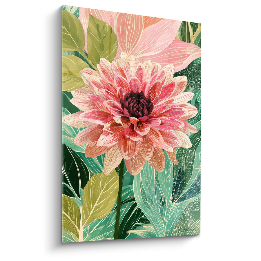 Tableau Dahlia rose et vert au cœur pourpre - Feuillage veiné détaillé - Edition Dahlia