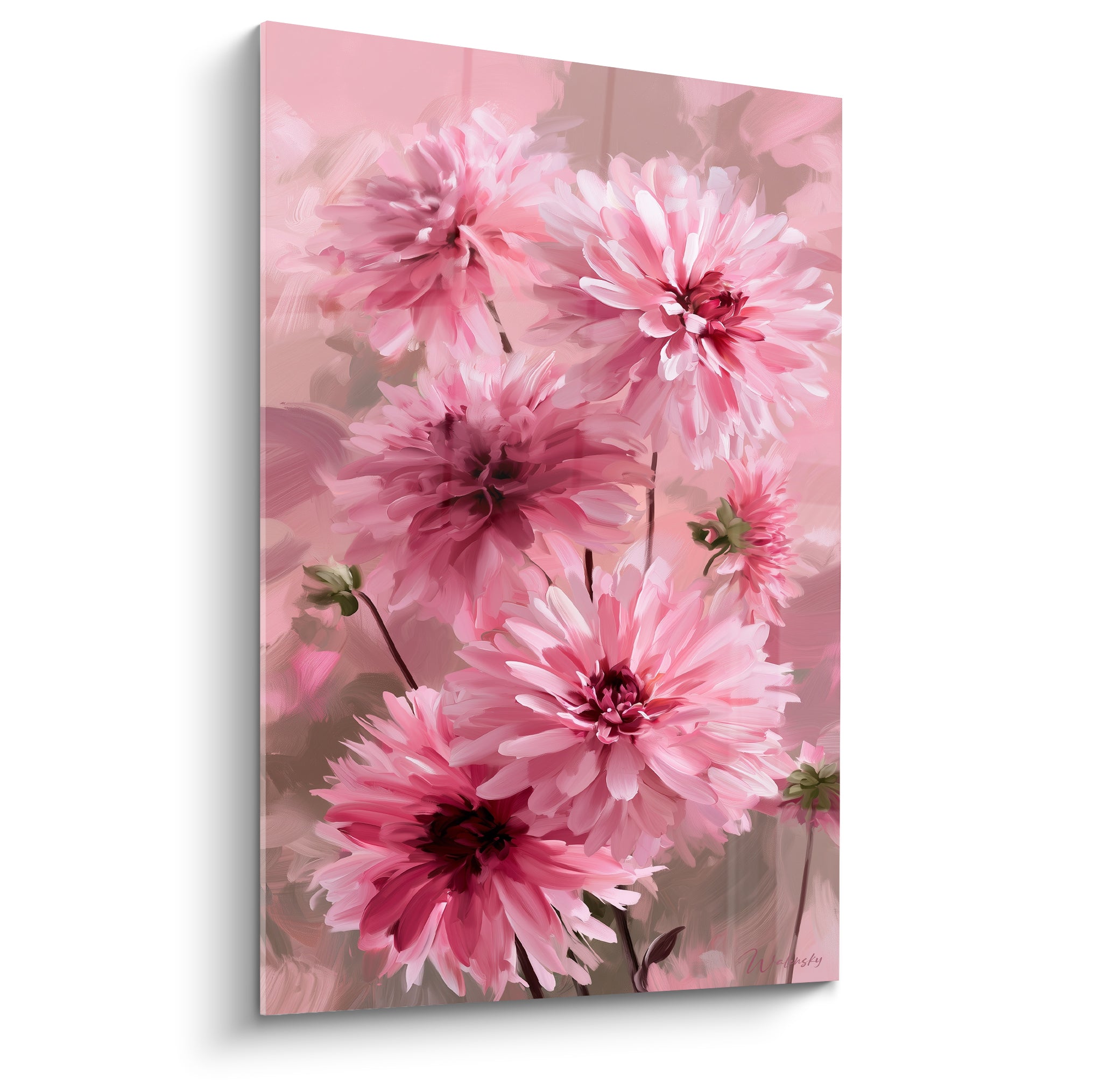 Dahlias roses et bordeaux en pleine floraison, touches picturales expressives sur fond dégradé rosé
