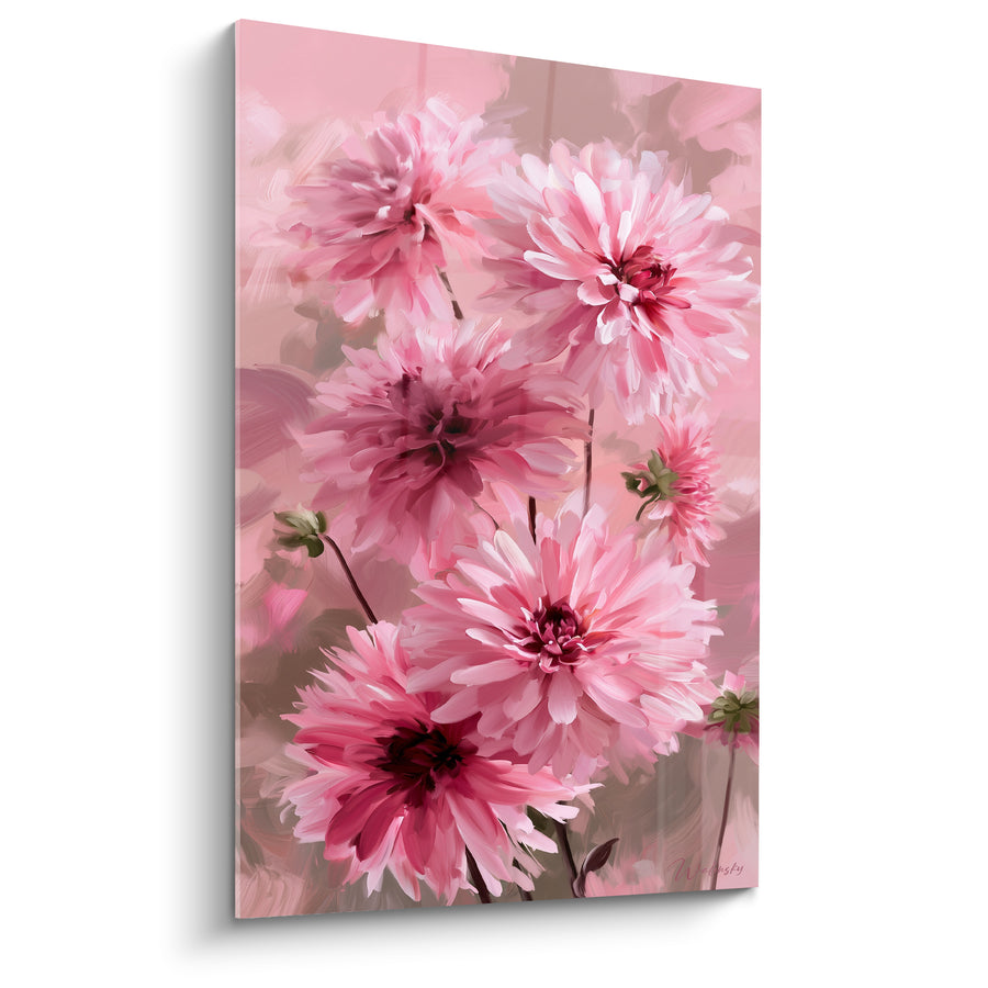 Tableau Dahlia rose et fuchsia aux cœurs pourpres serrés - Grappe de fleurs - Edition Dahlia