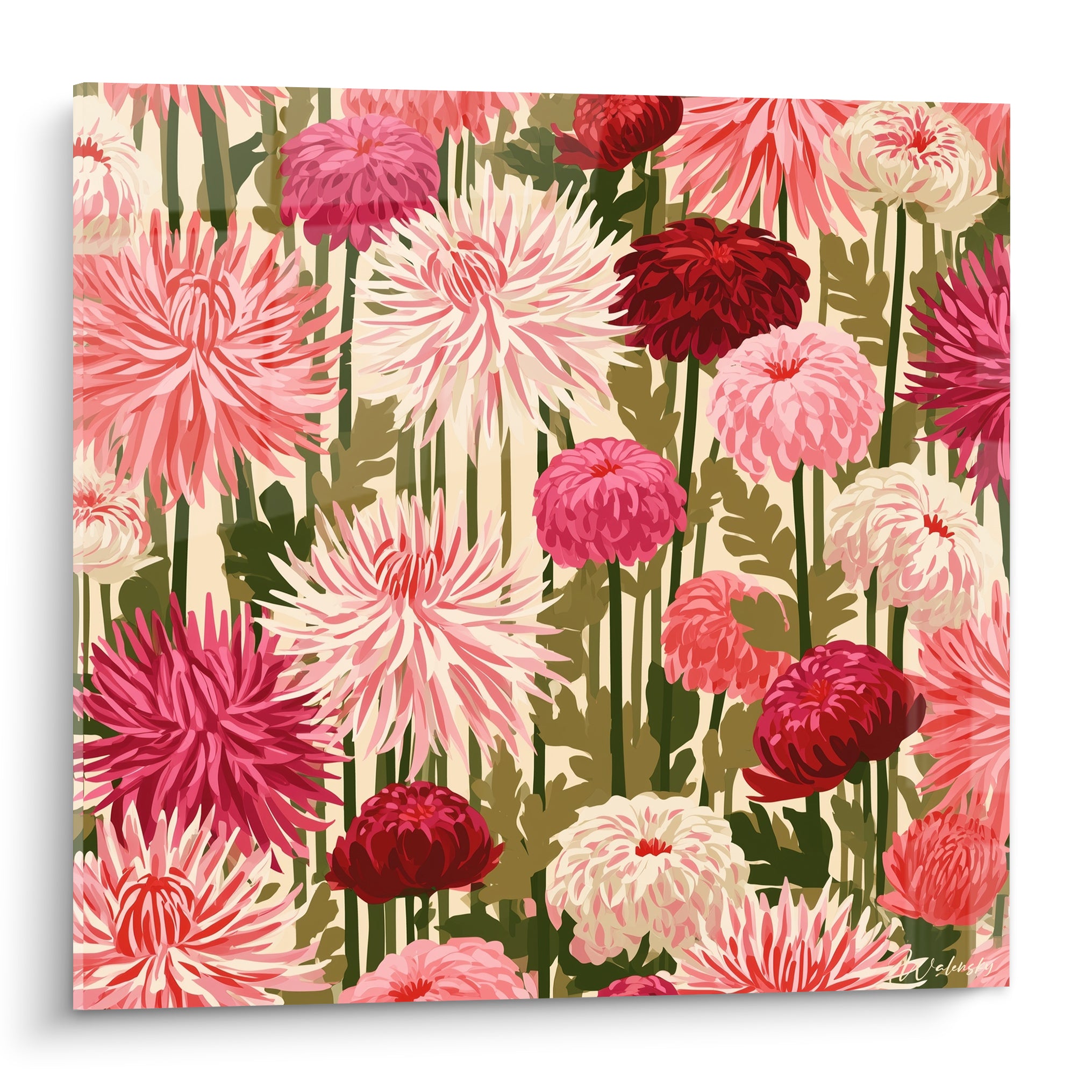 Dahlia illustré aux pétales rose, bordeaux et ivoire, motif floral dense sur fond vert olive