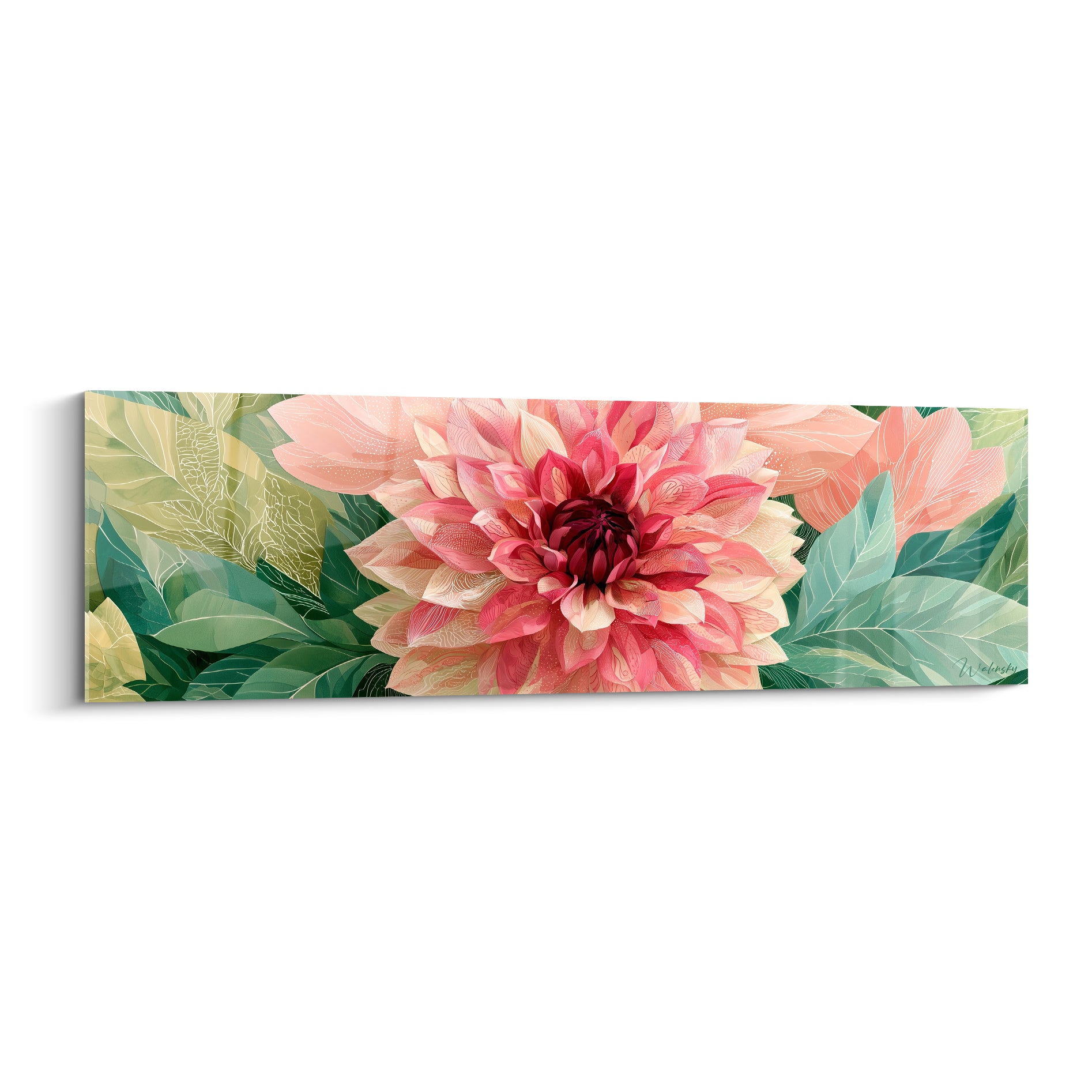 Dahlia rose aux pétales veinés et cœur bordeaux, entouré de feuillage vert sauge illustré