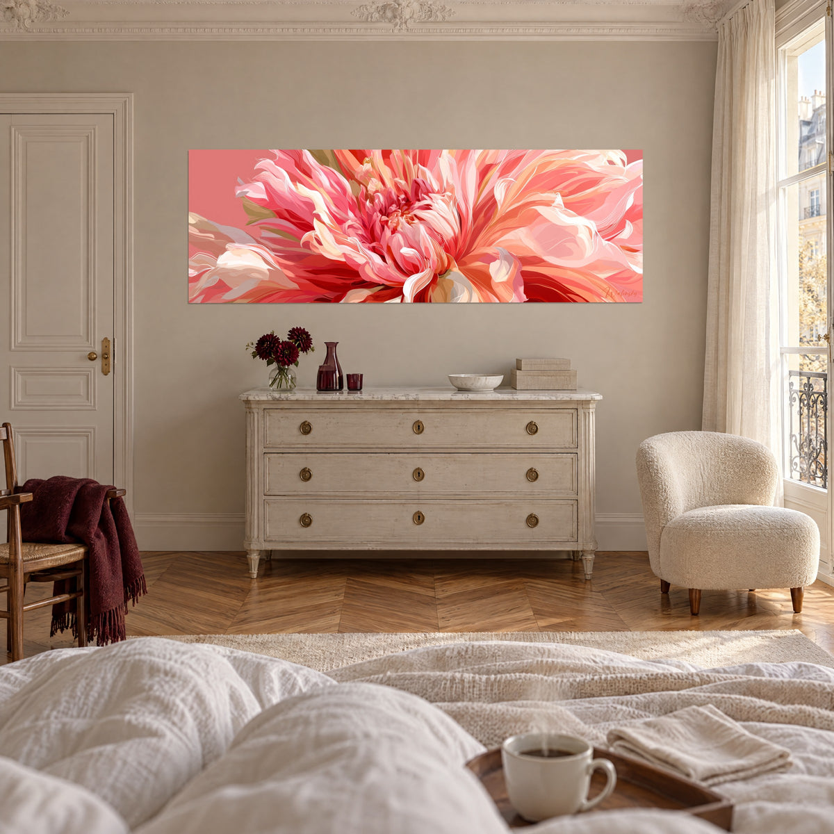 Wall art chrysanthemum with pale pink and coral red petals, pink background, facing a bed with white sheets and a steaming cup, above a bed in a bright bedroom