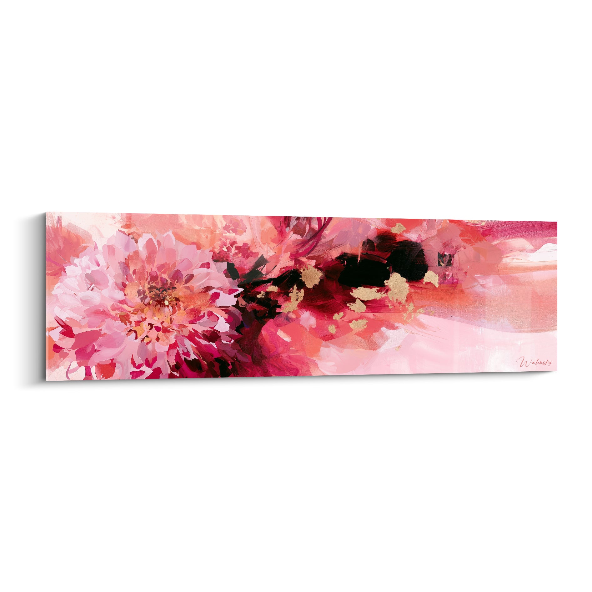 Dahlia rose et corail aux pétales déployés, touches noires et éclats dorés sur toile panoramique