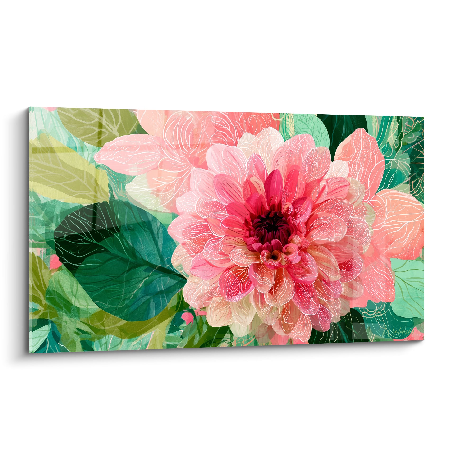 Dahlia rose corail aux pétales veinés de blanc, entouré d'un feuillage vert émeraude dense
