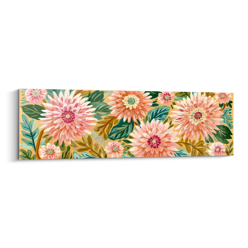 Tableau Dahlias roses et pêche sur fond ocre - Frise horizontale fleurie - Edition Dahlia