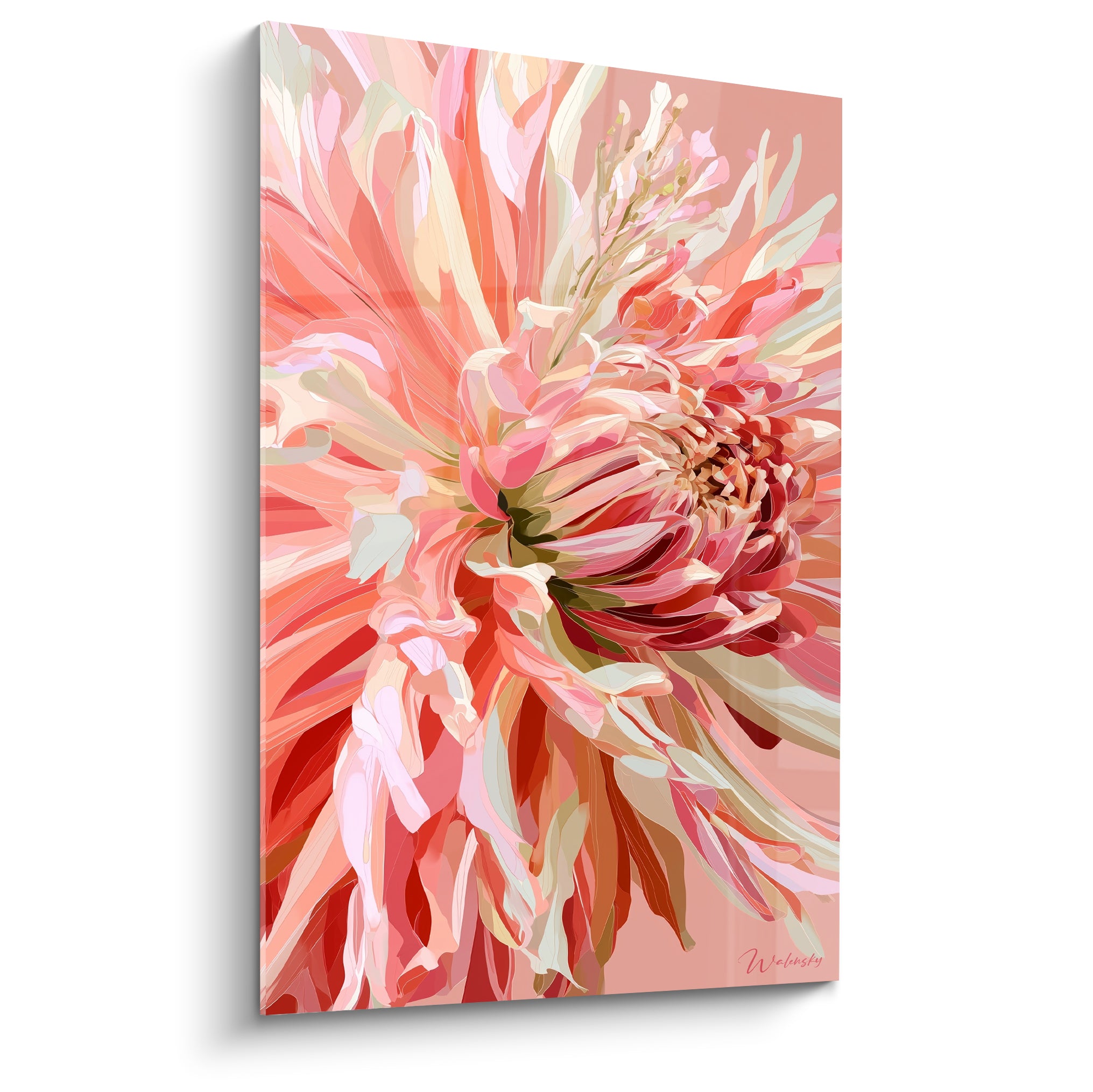 Dahlia rose et corail aux pétales déployés en cœur rouge, peinture stylisée en plein cadre