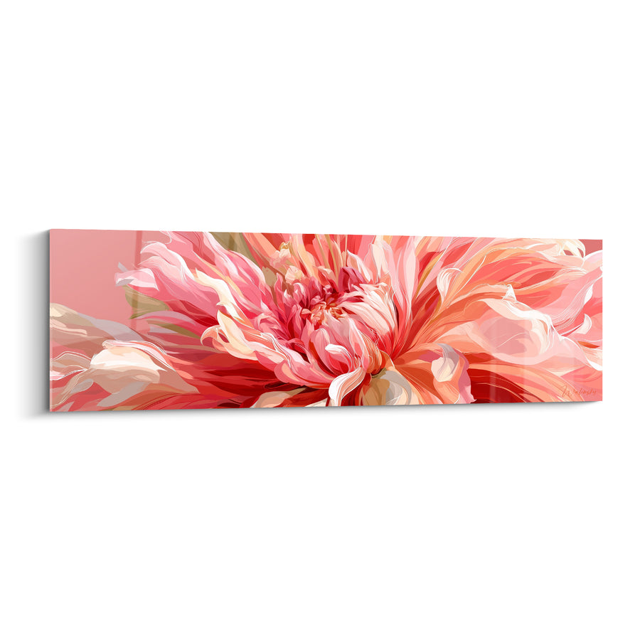 Tableau Dahlia rose et corail aux pétales ondulés - Fond rosé panoramique - Edition Dahlia