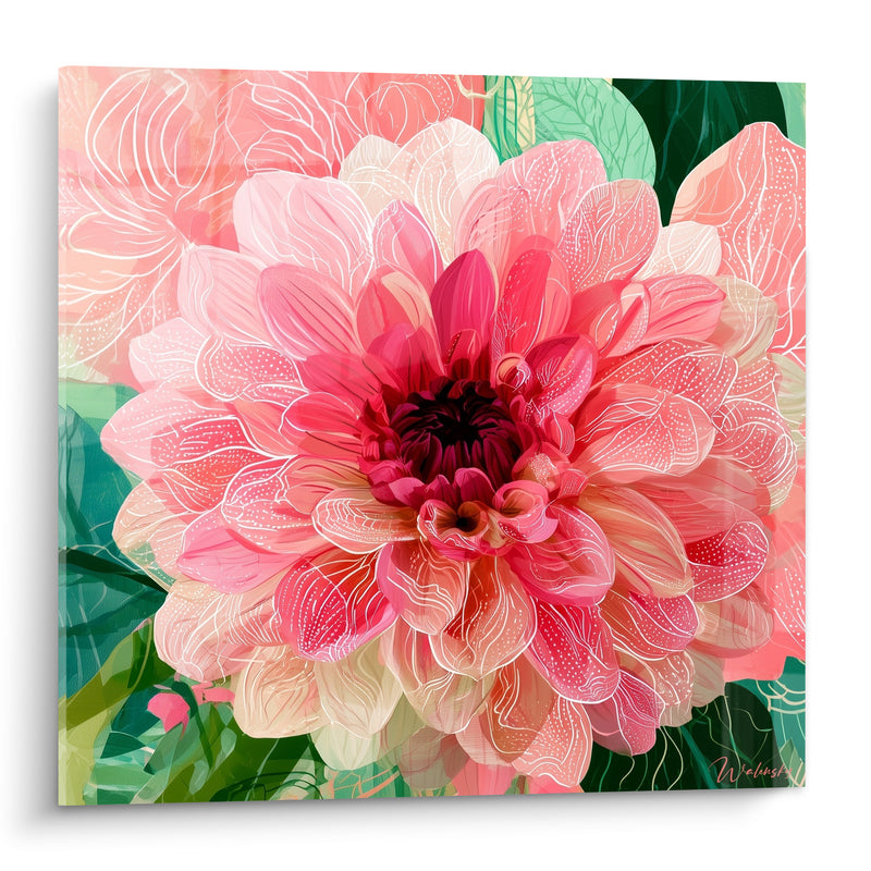 Tableau Dahlia rose et vert aux pétales illustrés - Éclosion printanière - Edition Dahlia