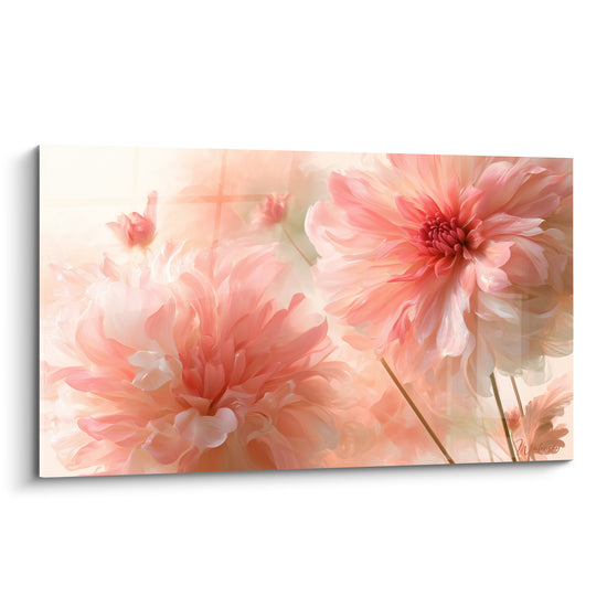 Dahlias roses et pêche aux pétales vaporeux, composition florale peinte en camaïeu doux et lumineux