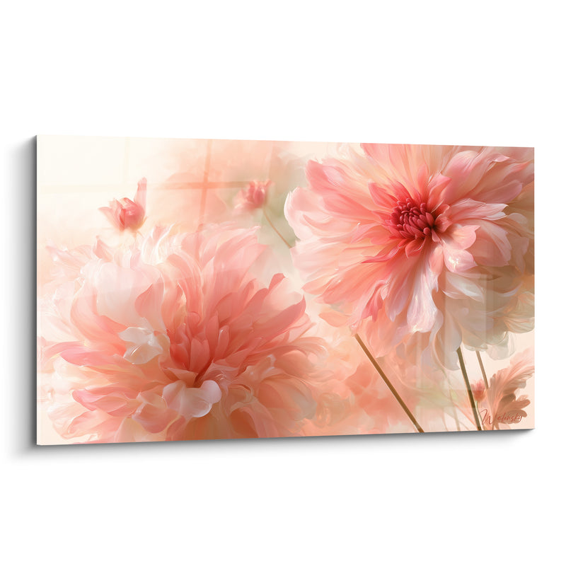 Tableau Dahlias rose et pêche aux tiges fines - Brume florale vaporeuse - Edition Dahlia