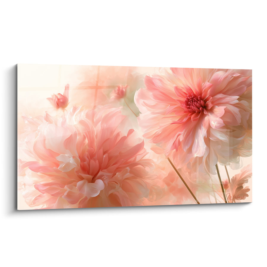 Pink and Peach Dahlias Painting with Fine Stems - Vaporous Floral Mist - Dahlia Edition