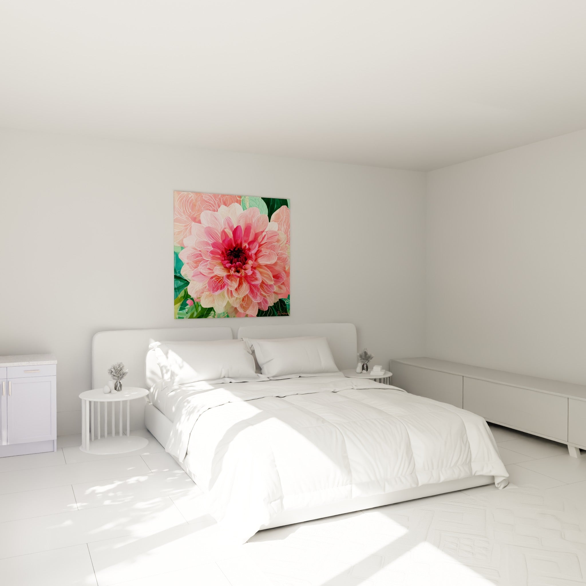 Pétales roses et crème du dahlia illustré, cœur pourpre sombre, accroché au-dessus d'un lit dans une chambre claire