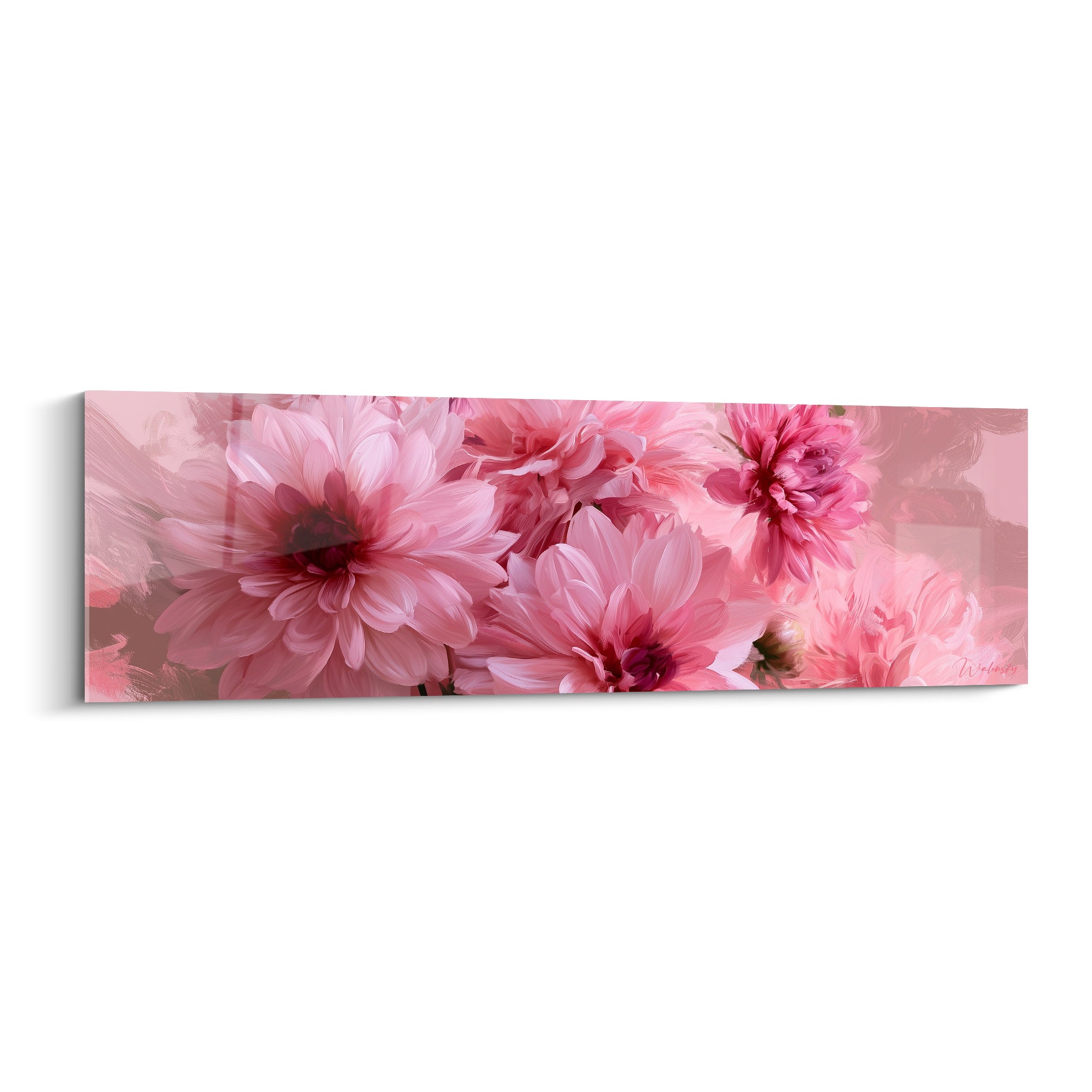 Dahlias roses aux cœurs bordeaux, pétales denses et texture aquarelle sur fond dégradé