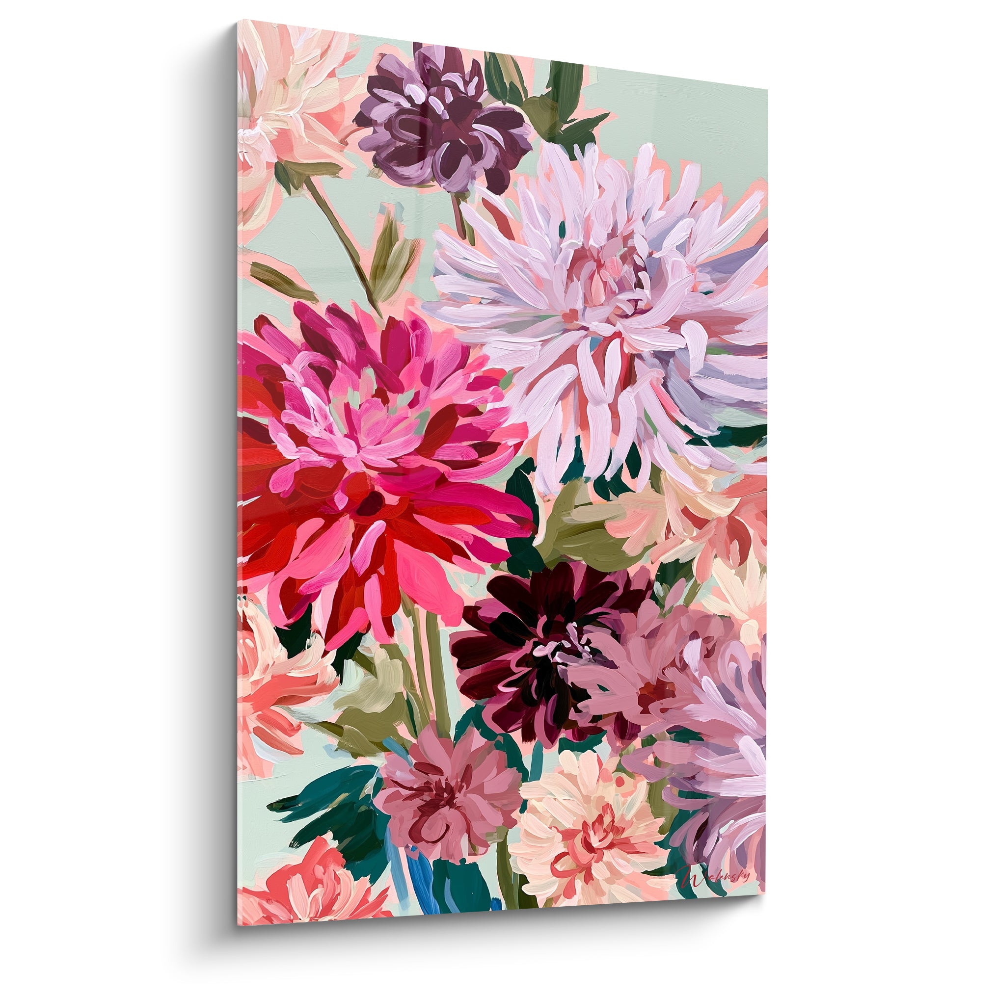 Dahlias roses fuchsia et mauve lilas peints à touches épaisses sur fond vert sauge pastel