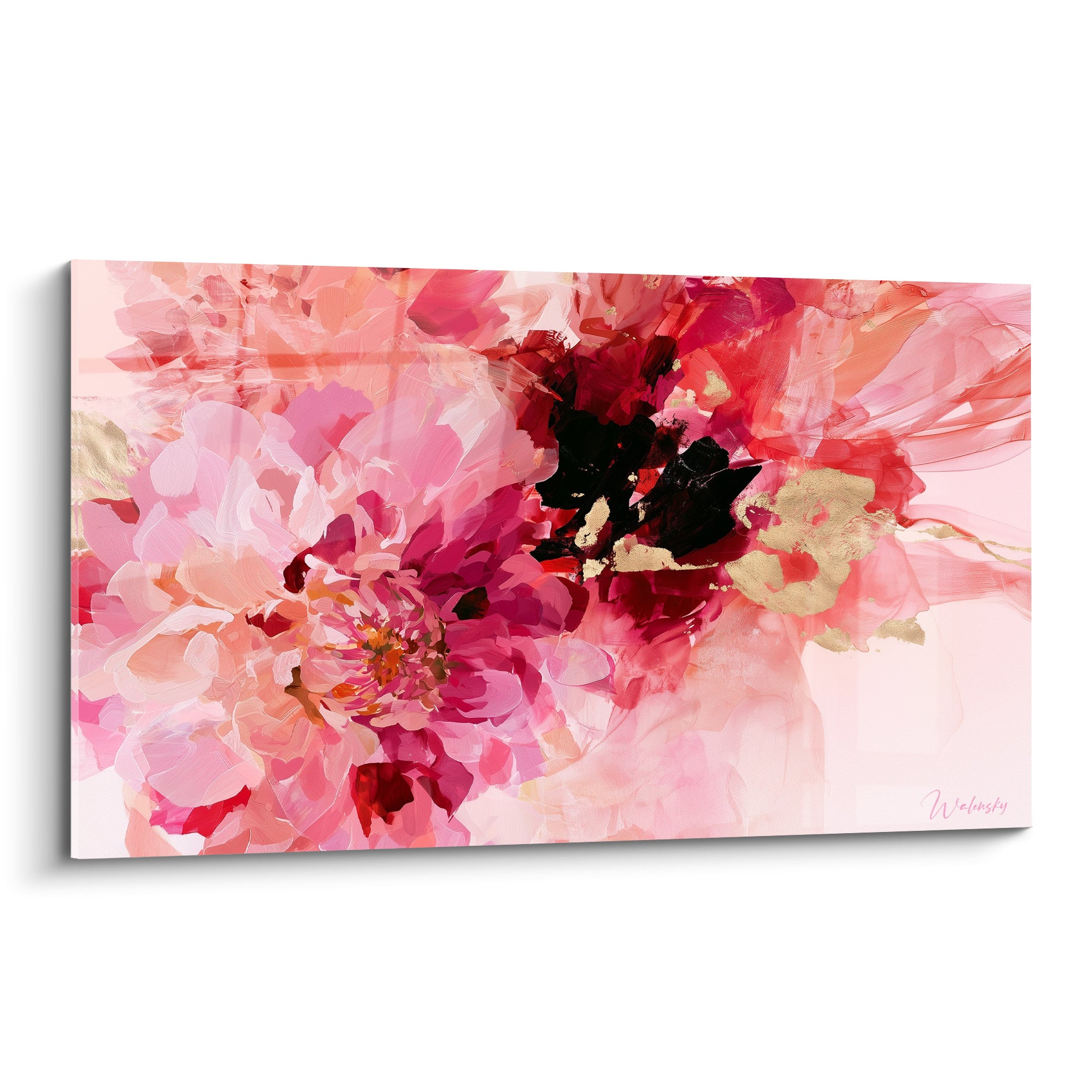 Dahlia aux pétales rose fuchsia et noir profond, éclats dorés, peinture texturée
