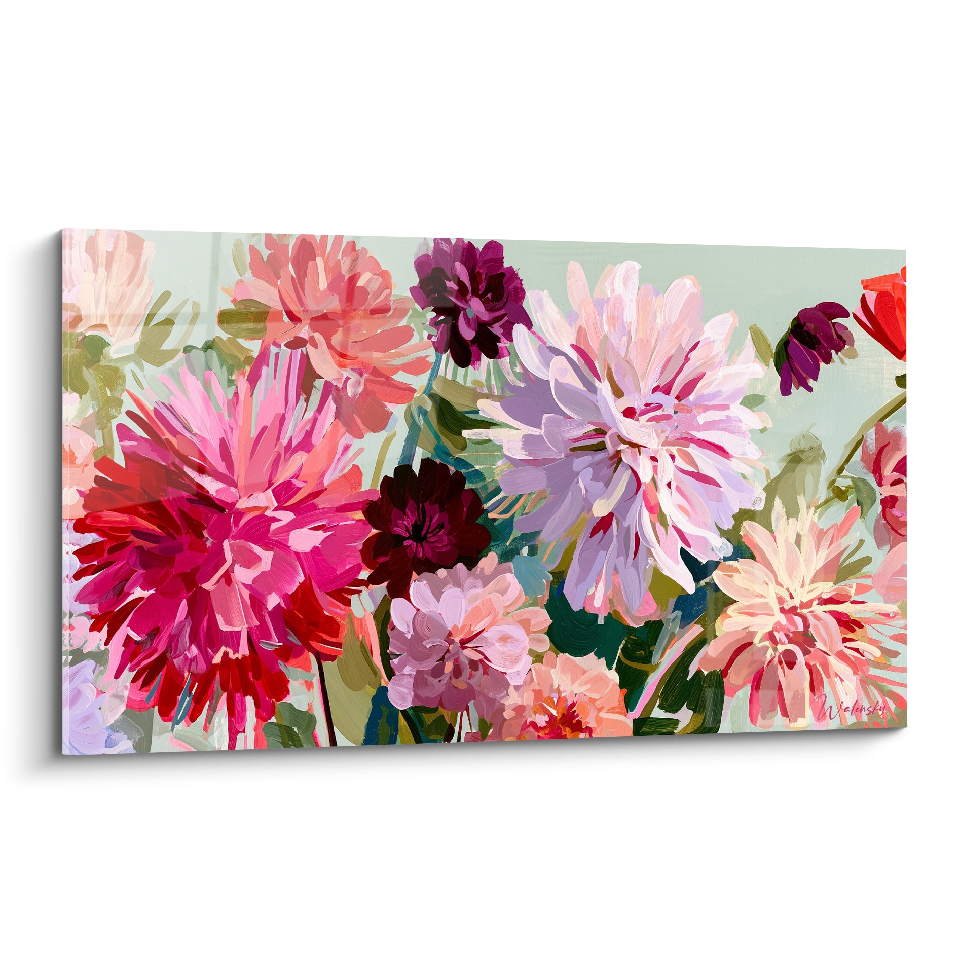 Dahlias roses, fuchsia et violets peints avec empâtements sur fond vert amande pastel