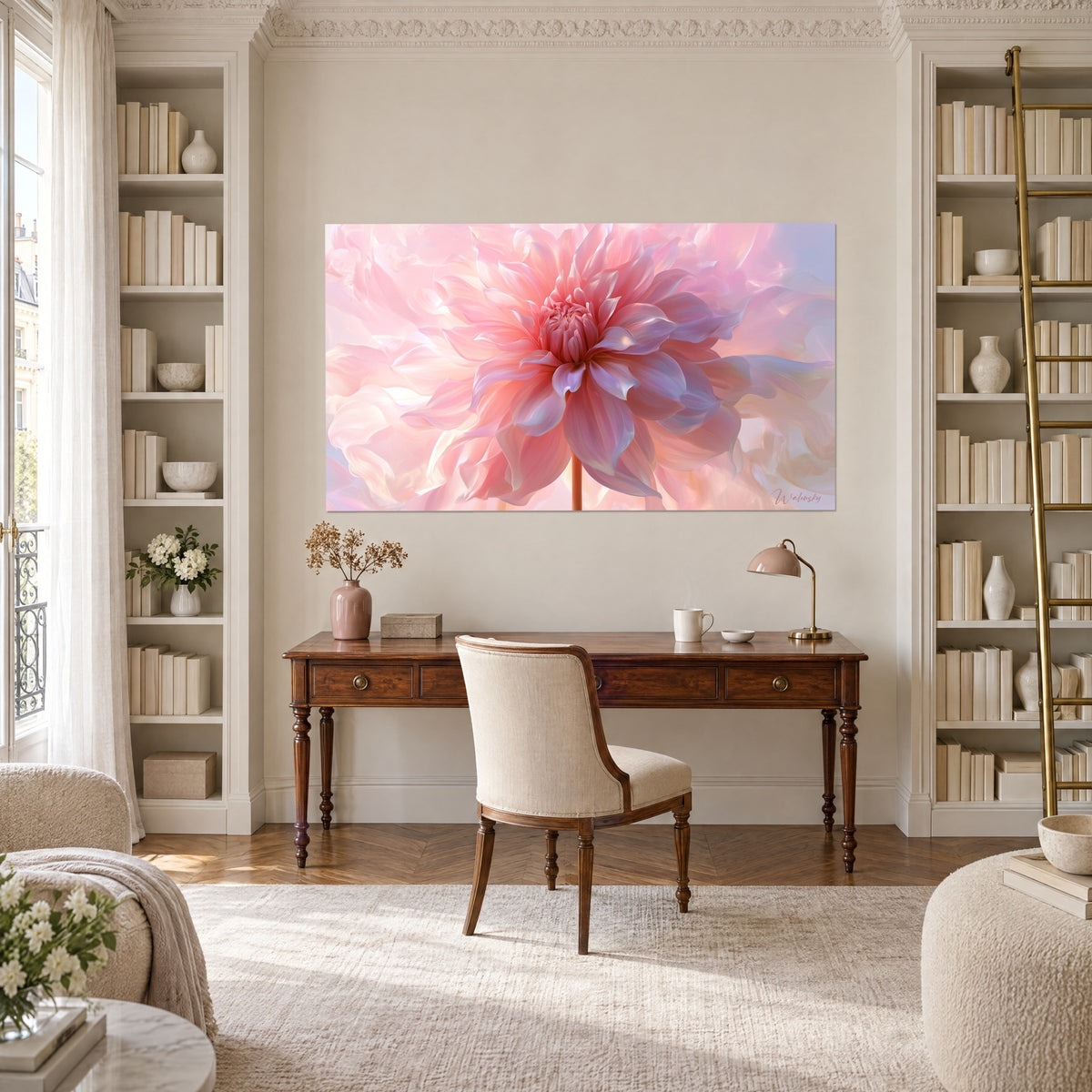 Schilderij van een grote roze en lavendelkleurige bloem met zijdezachte bloemblaadjes, opgehangen tussen twee crèmekleurige boekenkasten boven een houten bureau
