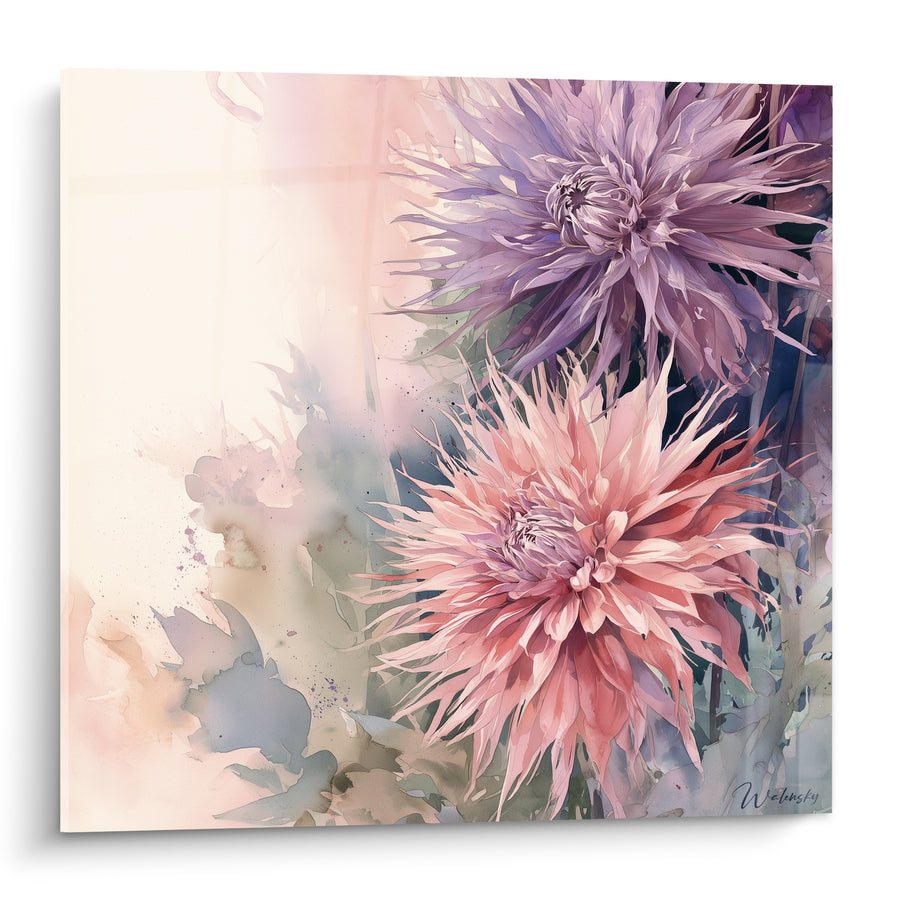 Tafel Dahlias in Lila und Rosa mit nadelscharfen Blütenblättern - Aquarell-Hintergrund verwaschen - Edition Dahlia