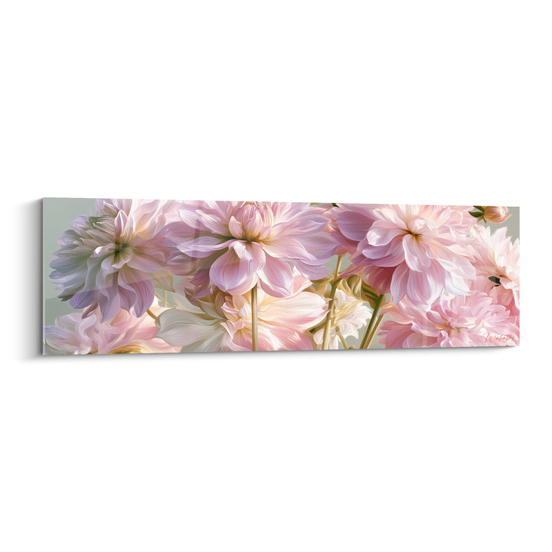 Tableau Dahlias rose pâle et lilas aux tiges dorées - Panorama floral horizontal - Edition Dahlia