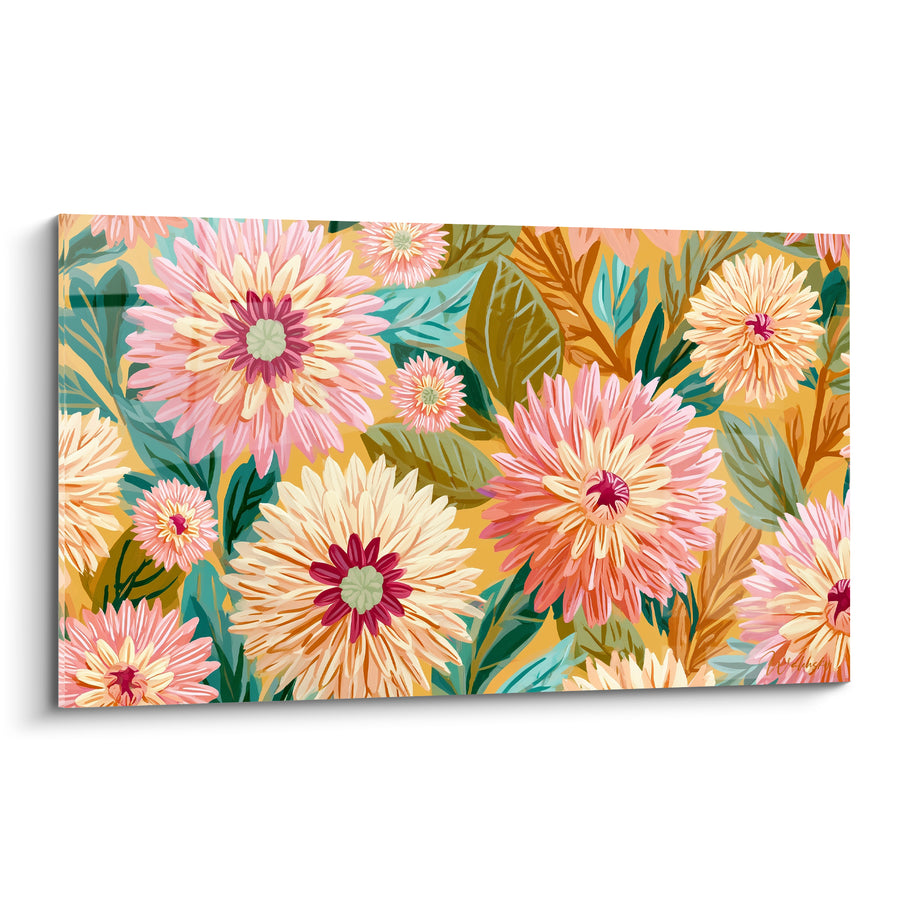 Pink and Peach Dahlias on Ochre Background Painting - Numerous Purple Hearts - Dahlia Edition