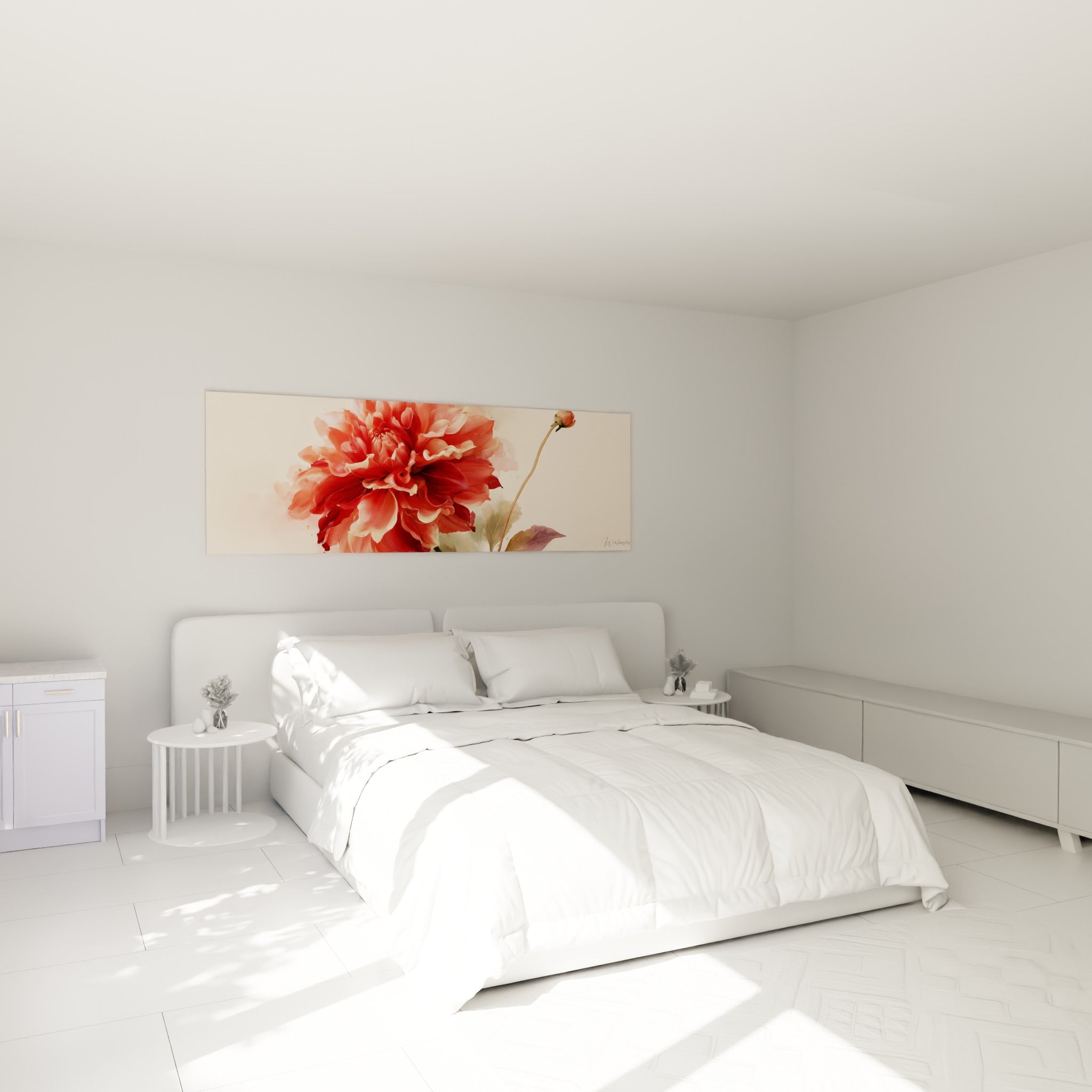 Fleur de dahlia rouge et rose pâle peinte en aquarelle, au-dessus d'un lit dans une chambre claire