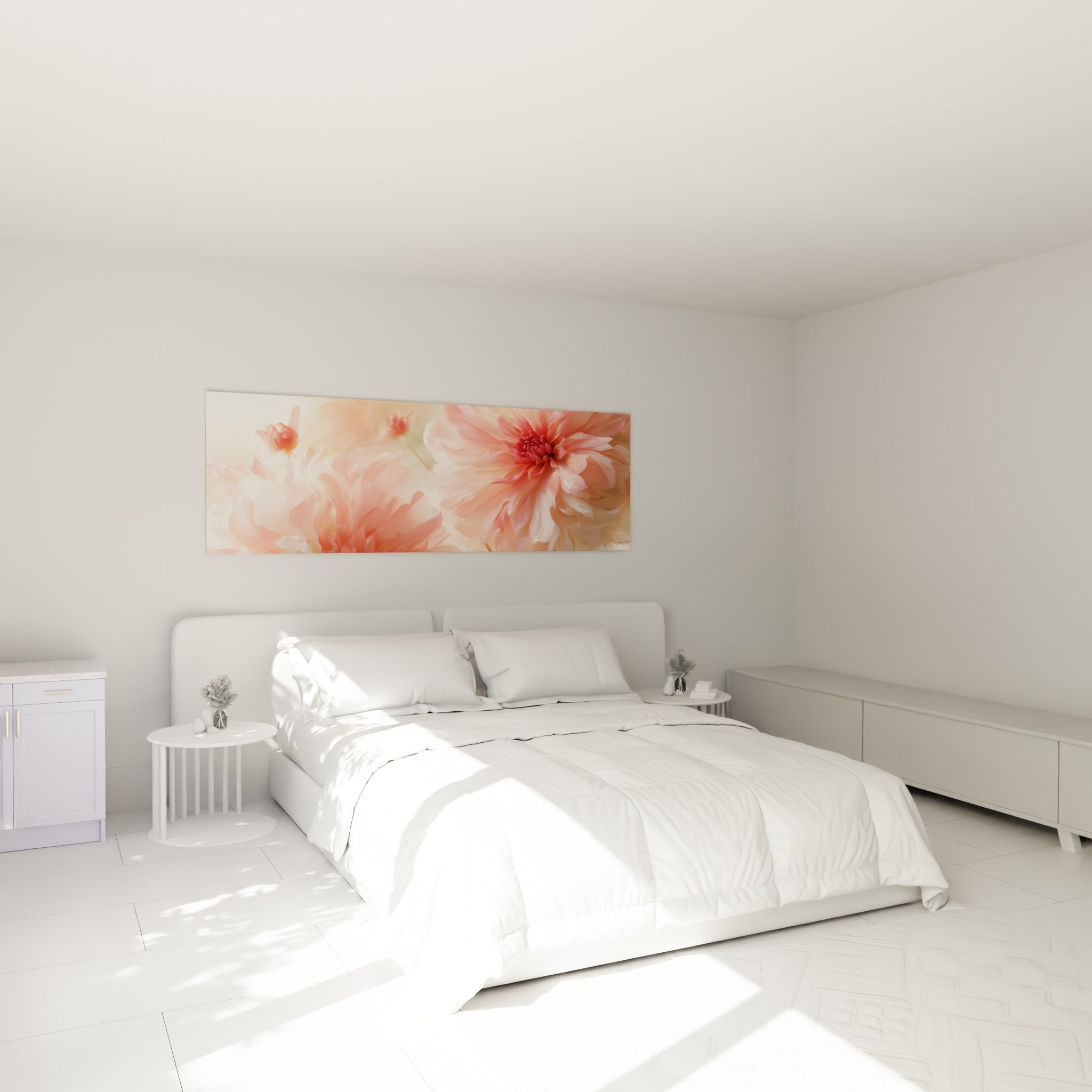 Fleurs de dahlia rose corail et blanc au-dessus d'un lit dans une chambre claire