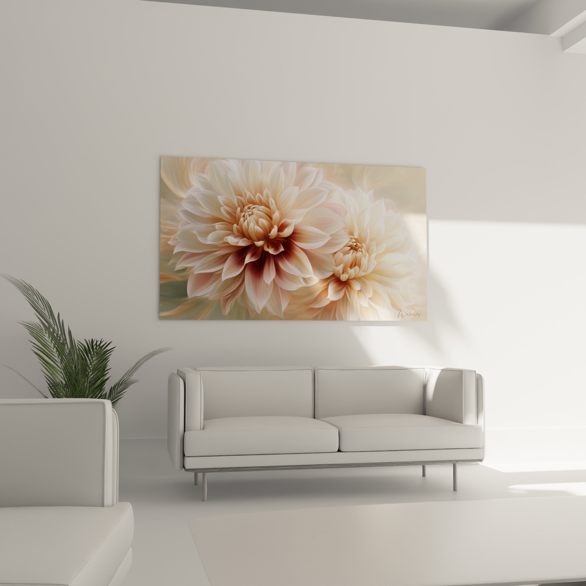 Pétales de dahlia crème et rosé au-dessus d'un canapé dans un salon lumineux