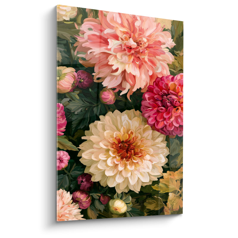 Tableau Dahlias crème et magenta aux boutons pourpres serrés - Trio floral dense - Edition Dahlia