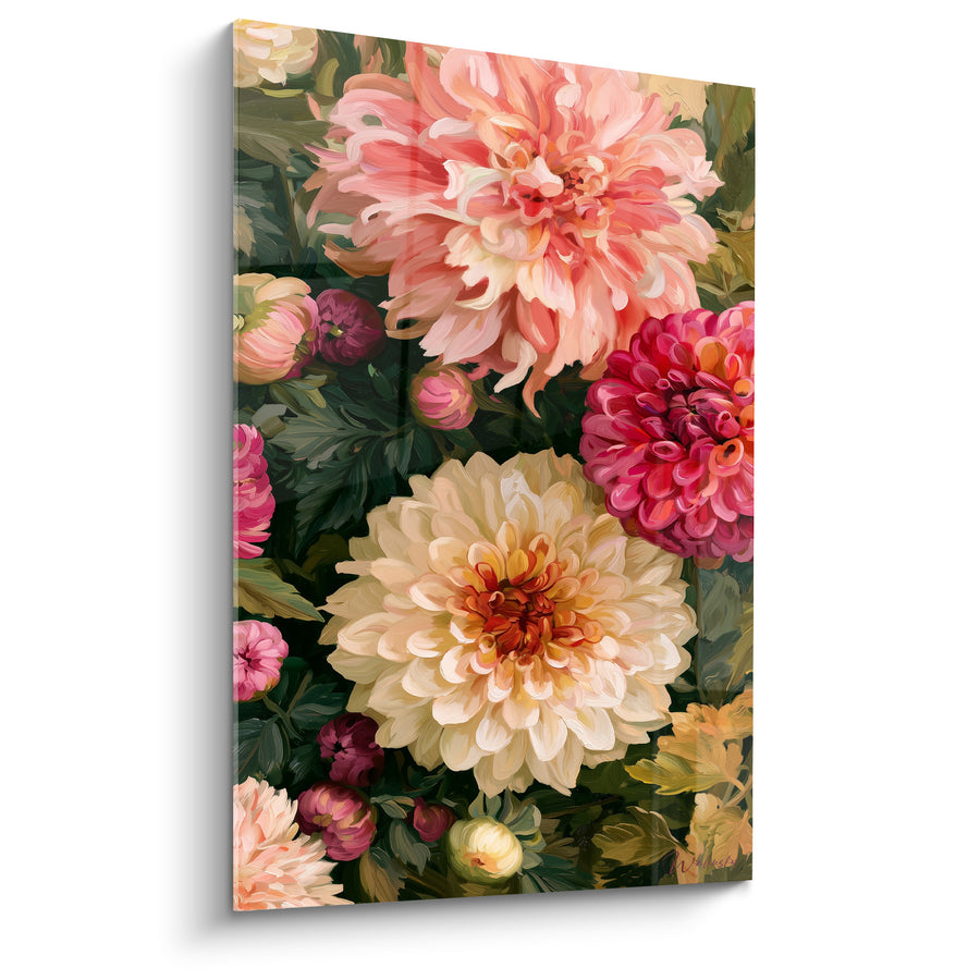 Tableau Dahlias crème et magenta aux boutons pourpres serrés - Trio floral dense - Edition Dahlia
