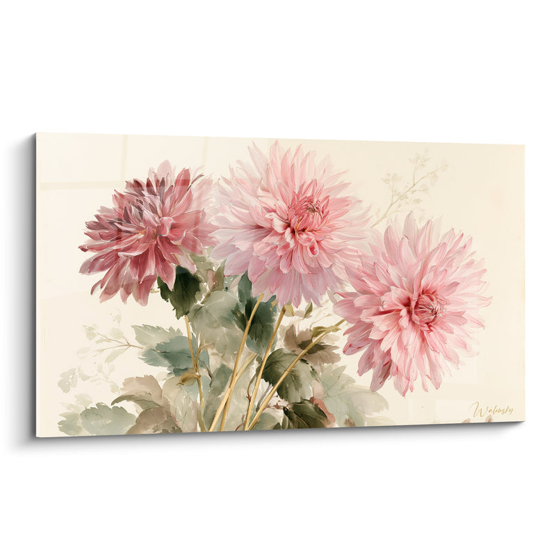 Tableau Dahlias rose et vert aux tiges dorées - Trio de fleurs aquarellées - Edition Dahlia