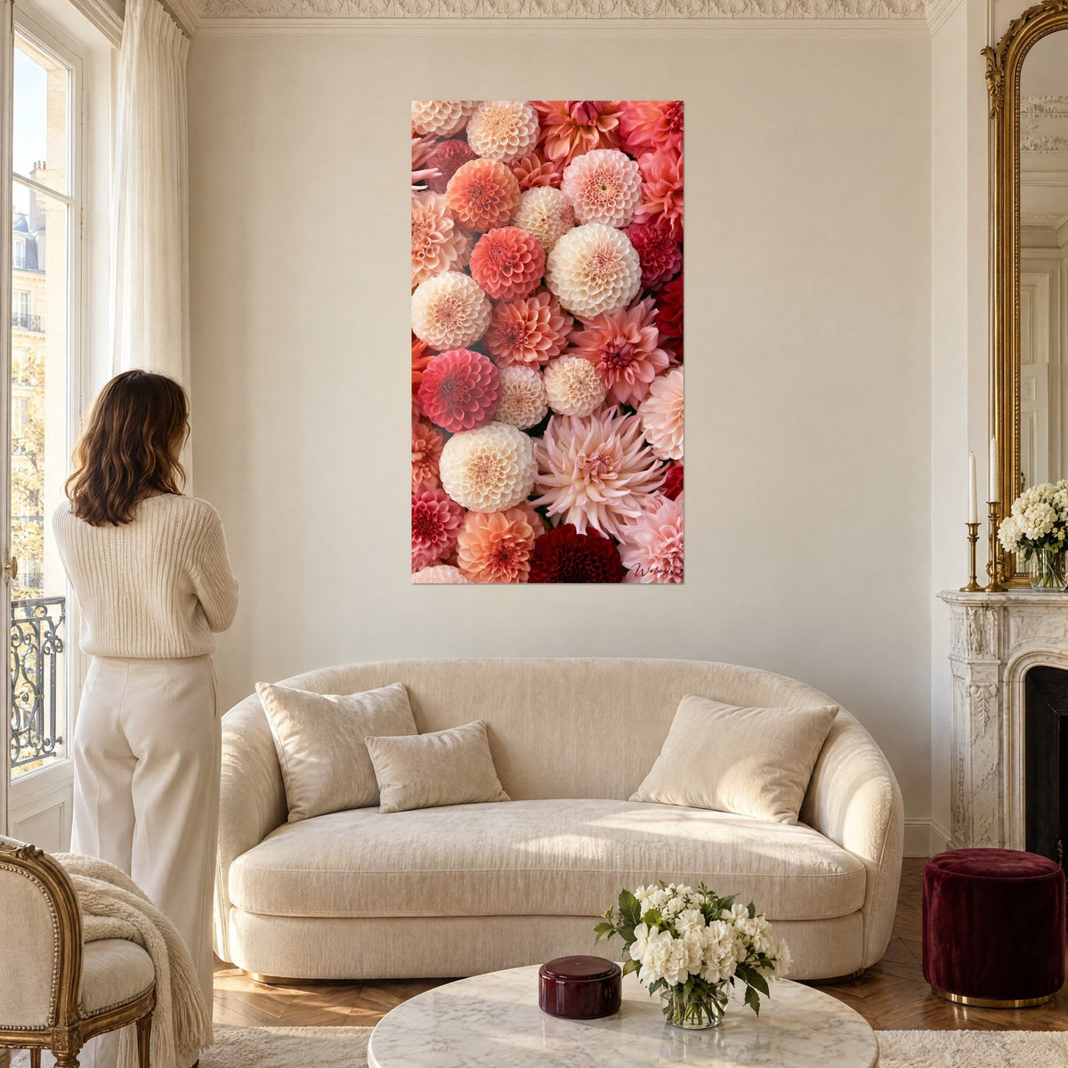 Tableau mosaïque de dahlias ivoire et corail, pompons serrés, au-dessus d'un canapé dans un salon lumineux