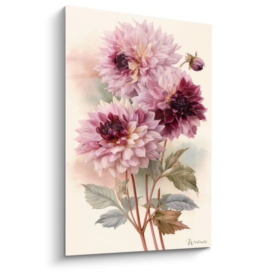 Cuadro de dalias rosa pálido y burdeos con tallos finos - Botón lateral inclinado - Edición Dahlia