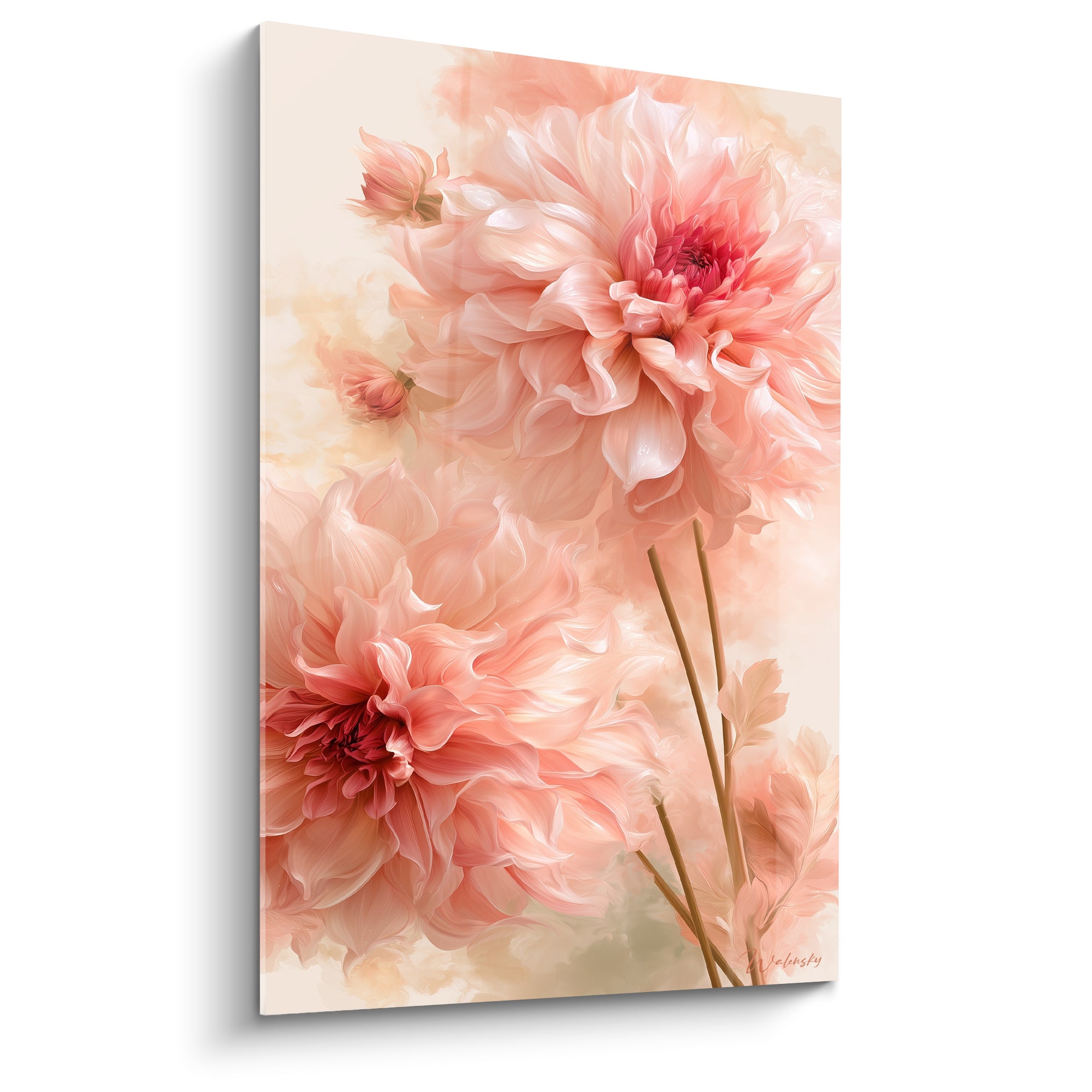 Dahlia rose poudré aux pétales enroulés, cœur corail, peinture florale sur fond crème vaporeux