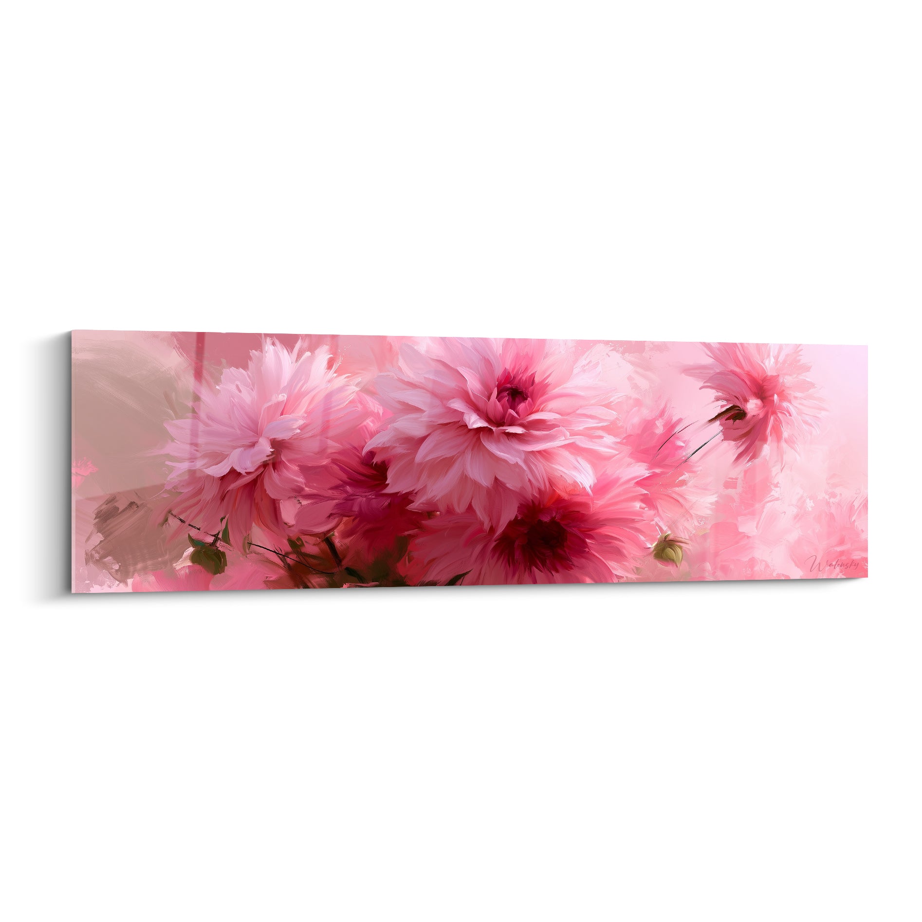Dahlias roses et fuchsia aux pétales veloutés peints en camaïeu délicat sur fond rosé