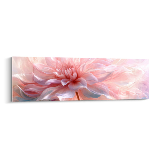 Dahlia rose et blanc aux pétales vaporeux, cœur corail lumineux, format panoramique élégant