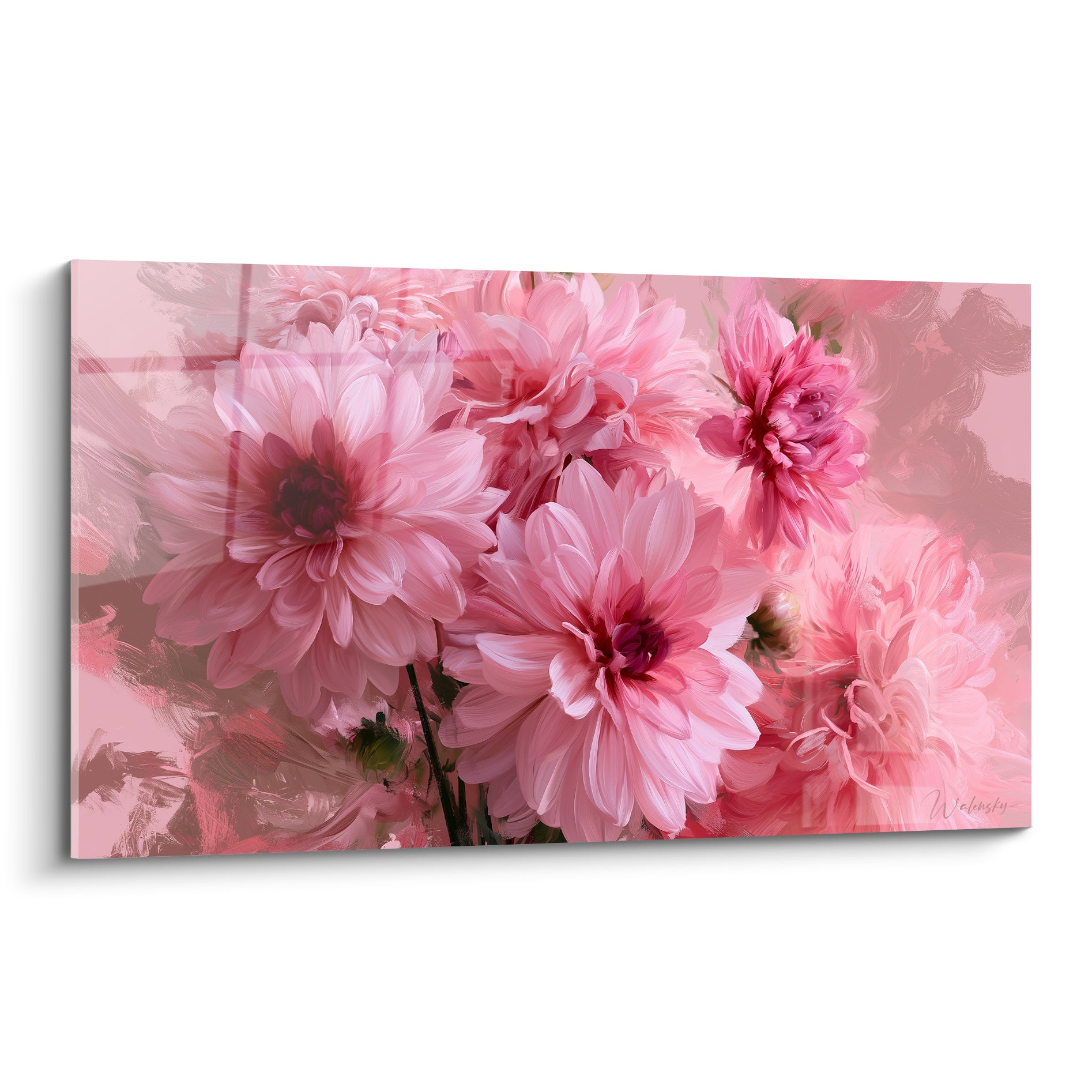 Dahlias roses aux cœurs pourpres peints en gros plan, pétales veloutés et fond rosé texturé