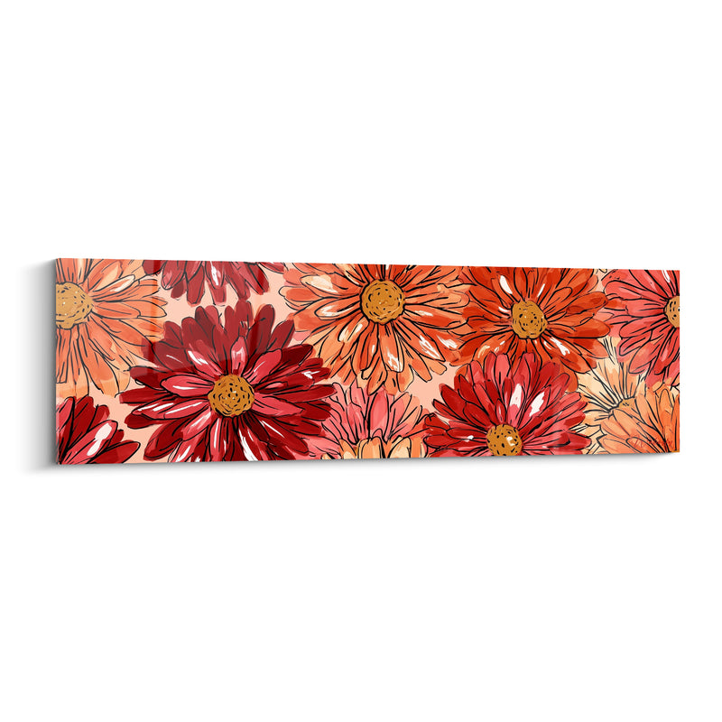 Tableau Dahlias rouge et orange aux cœurs dorés illustrés - Contours encrés visibles - Edition Dahlia