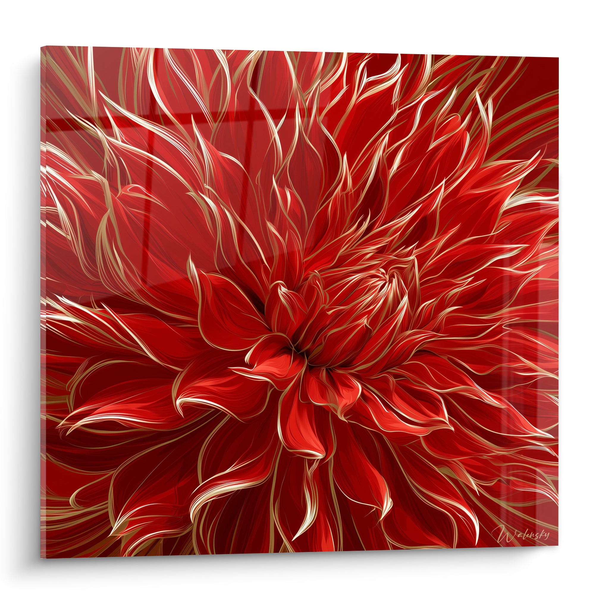 Dahlia rouge aux pétales dorés effilés, composition florale intense en plein cadre