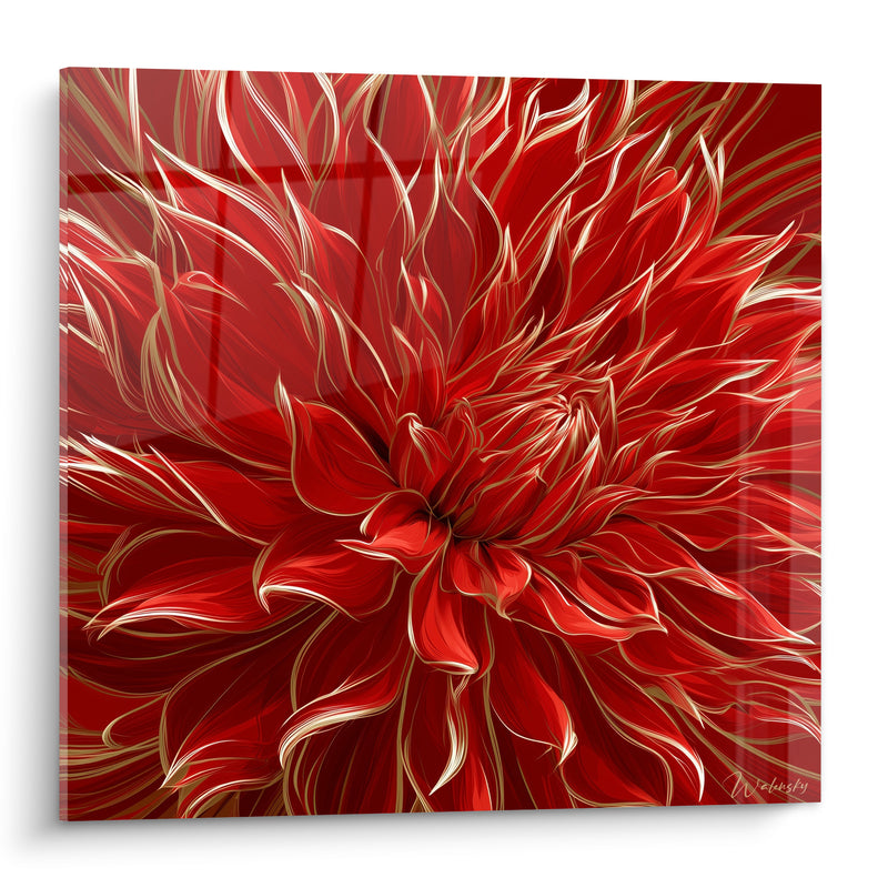 Tableau Dahlia rouge et doré aux pétales effilés - Éclosion flamboyante - Edition Dahlia