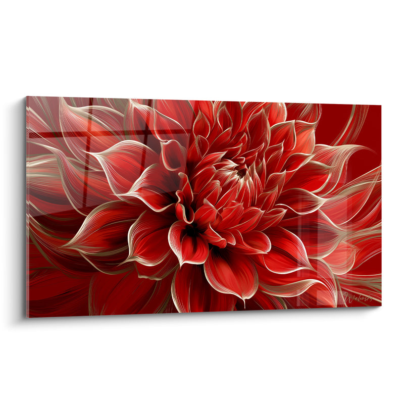 Tableau Dahlia rouge et doré aux pétales veinés - Éclosion ardente - Edition Dahlia
