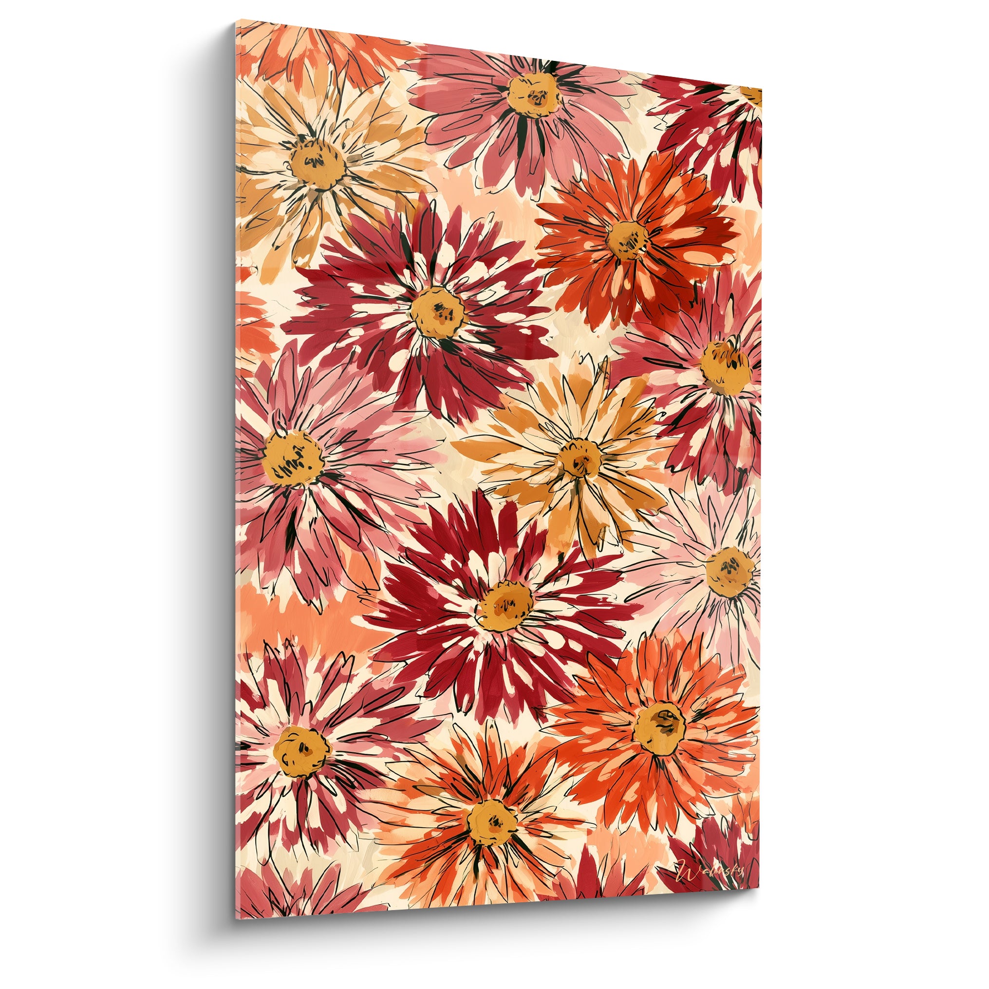 Dahlias rouge grenat, orange safran et rose poudré illustrés en fleurs éclatantes sur fond ivoire